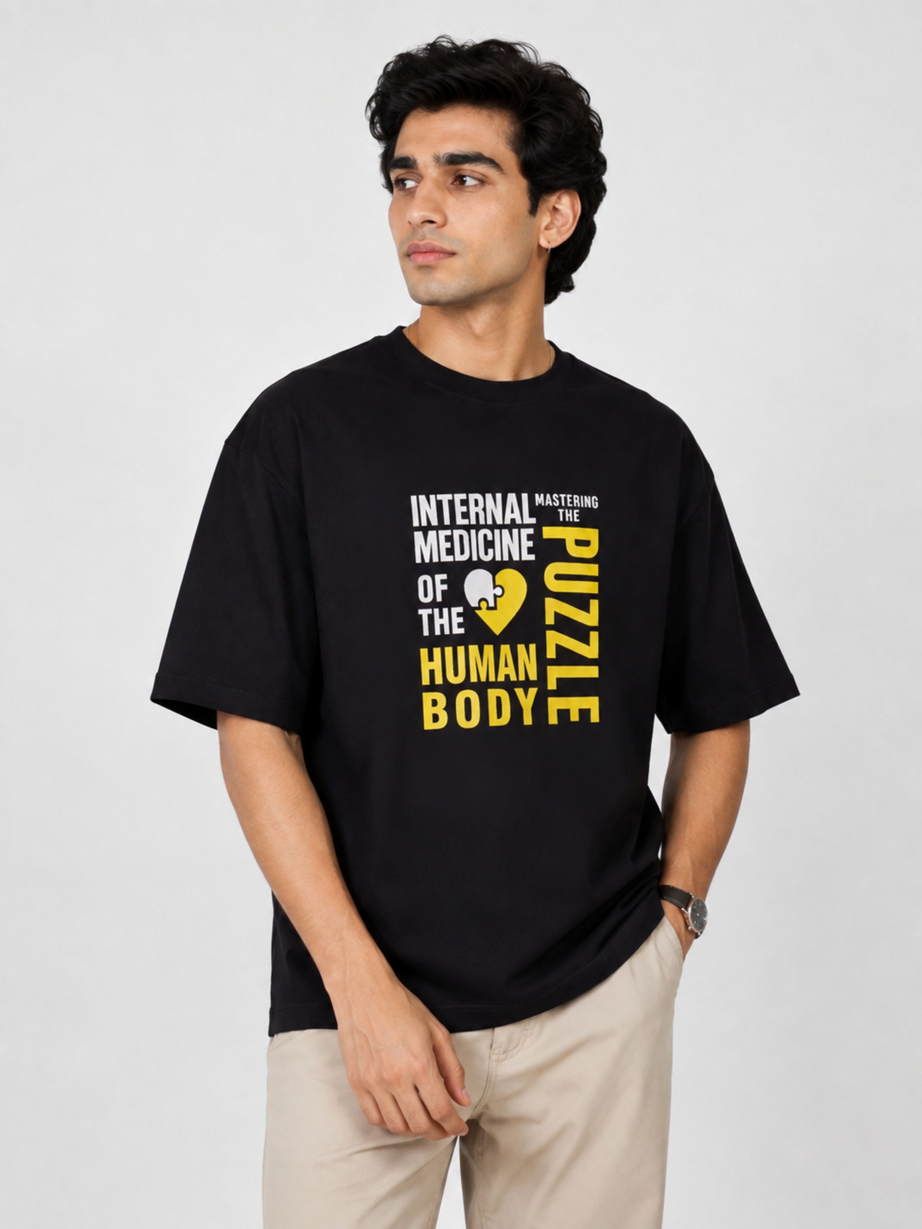 Black oversized fit Physician Tshirt For Men with medical puzzle print from Bandar Baant Collections