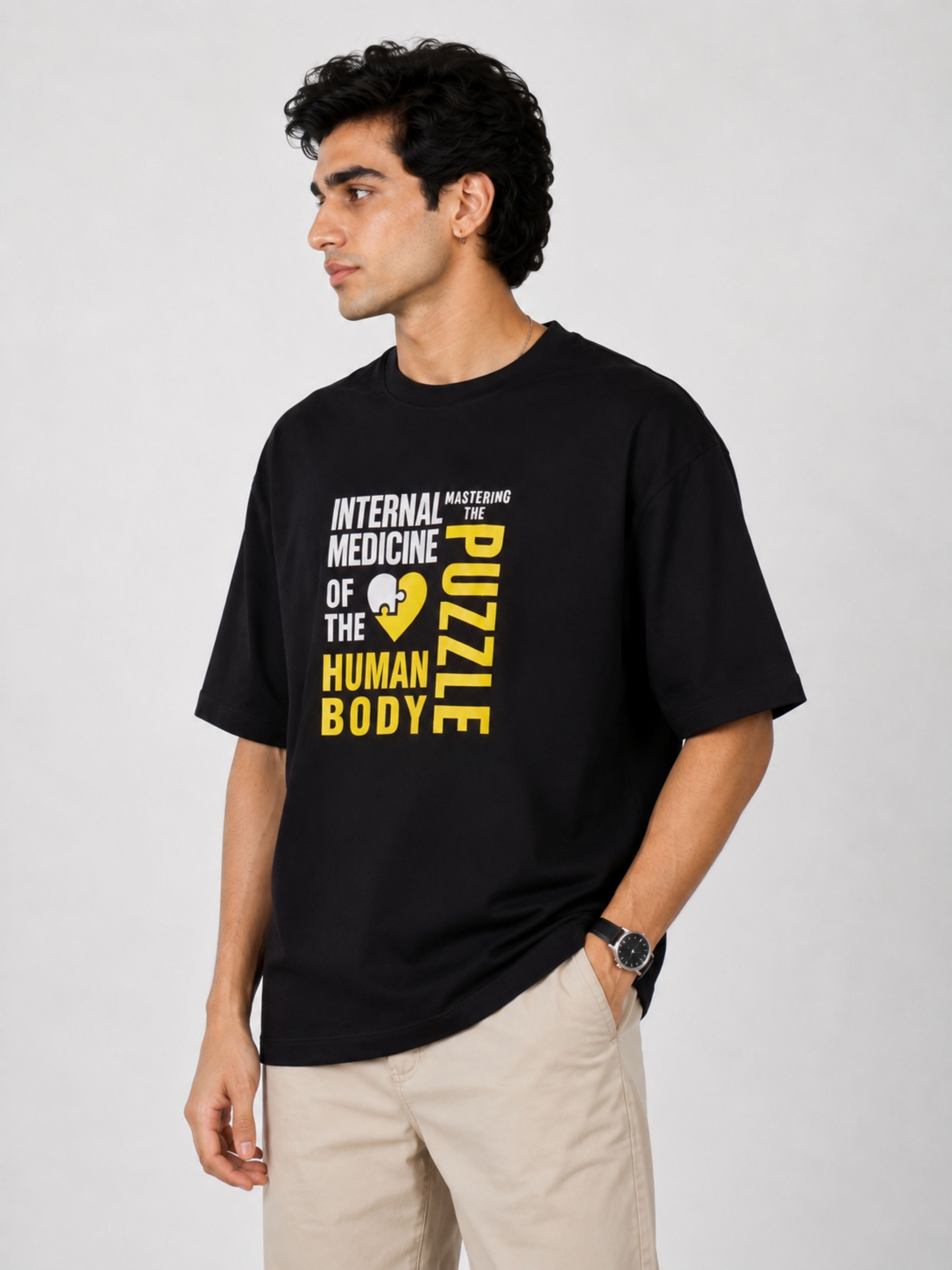 Bandar Baant Collections oversized fit black Physician Tshirt For Men with medical-themed text design