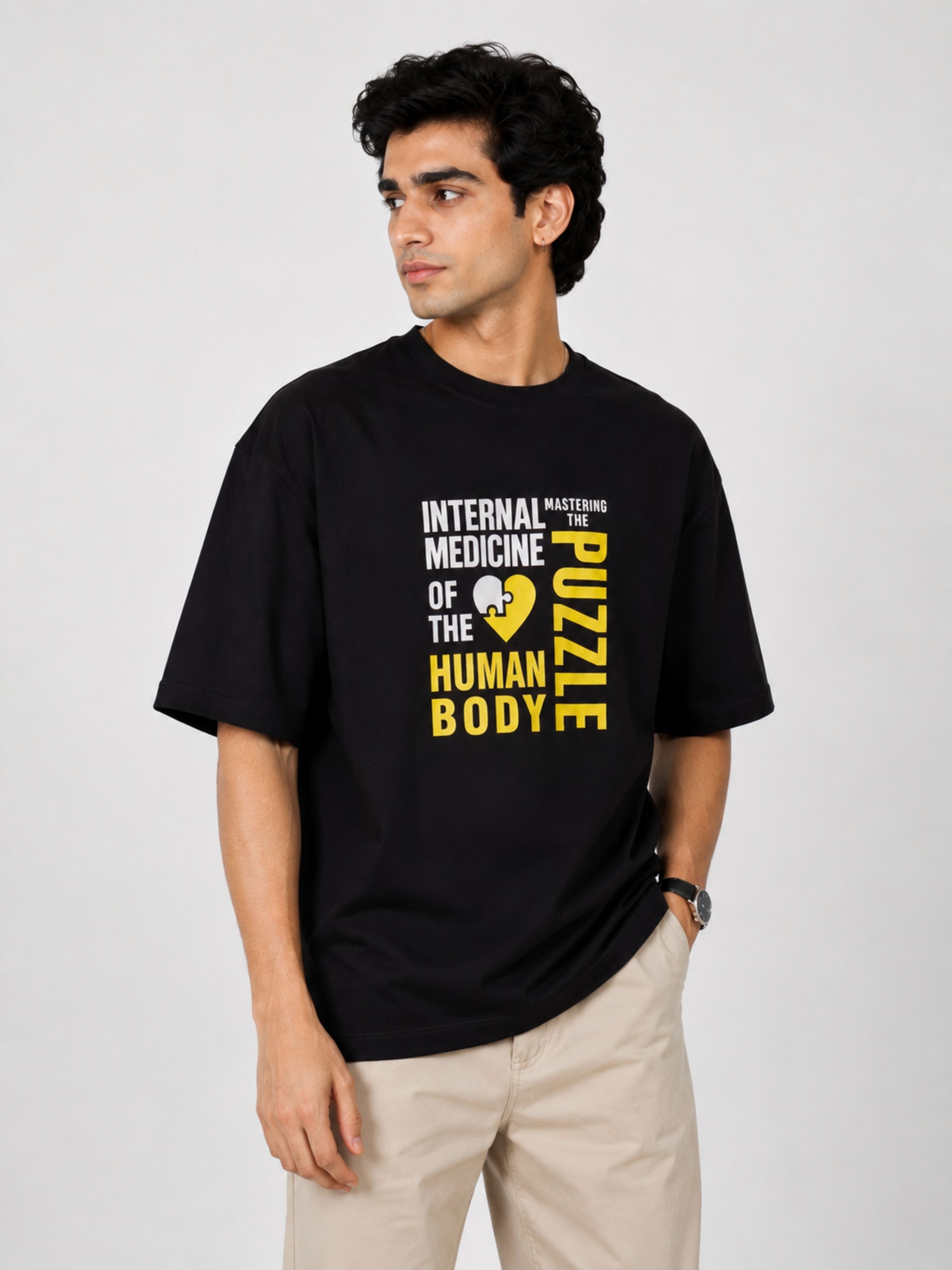 Bandar Baant Collections oversized fit Physician Tshirt For Men in black with medical text design