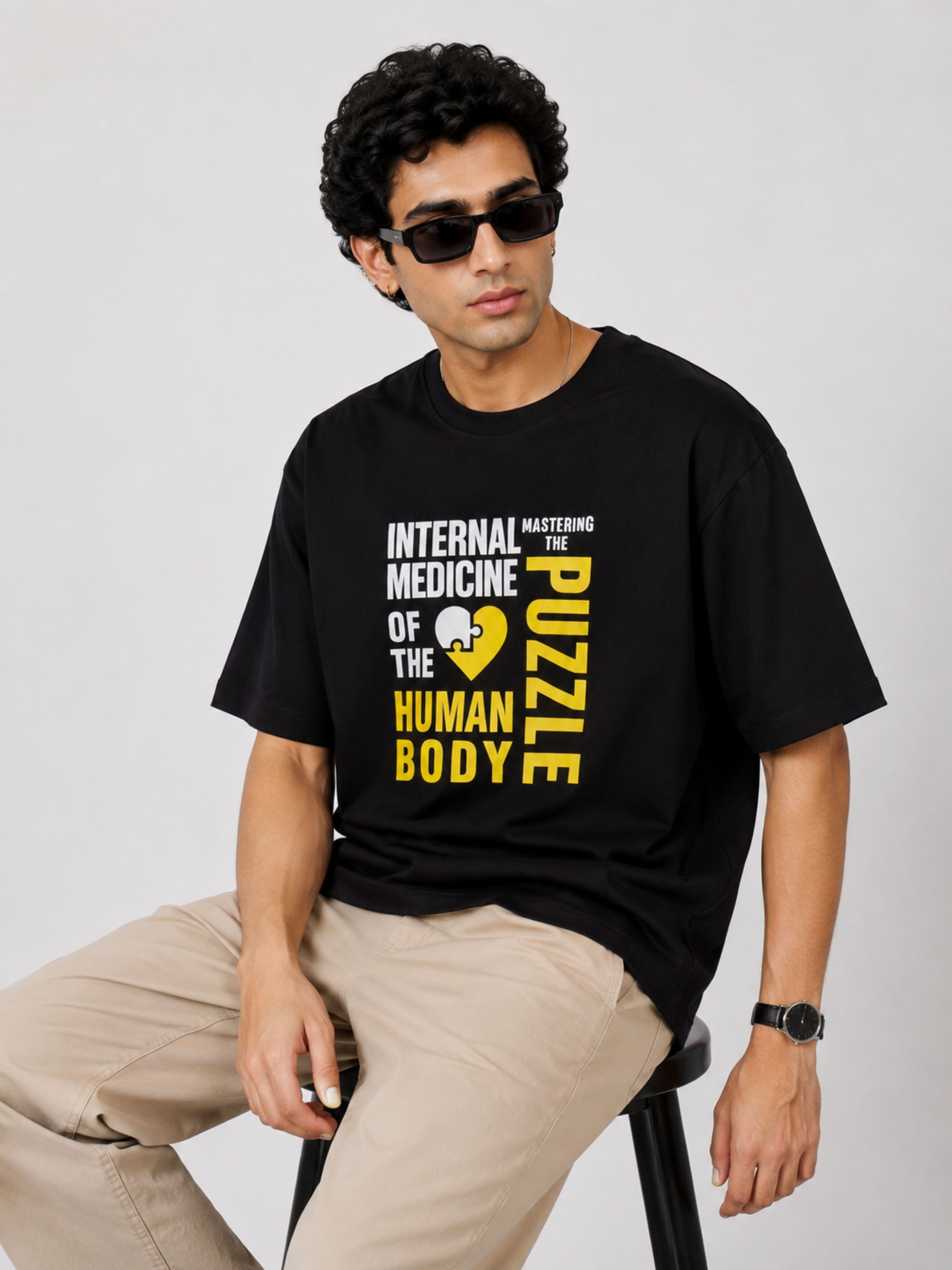 Black oversized fit Physician Tshirt For Men with internal medicine puzzle graphic design