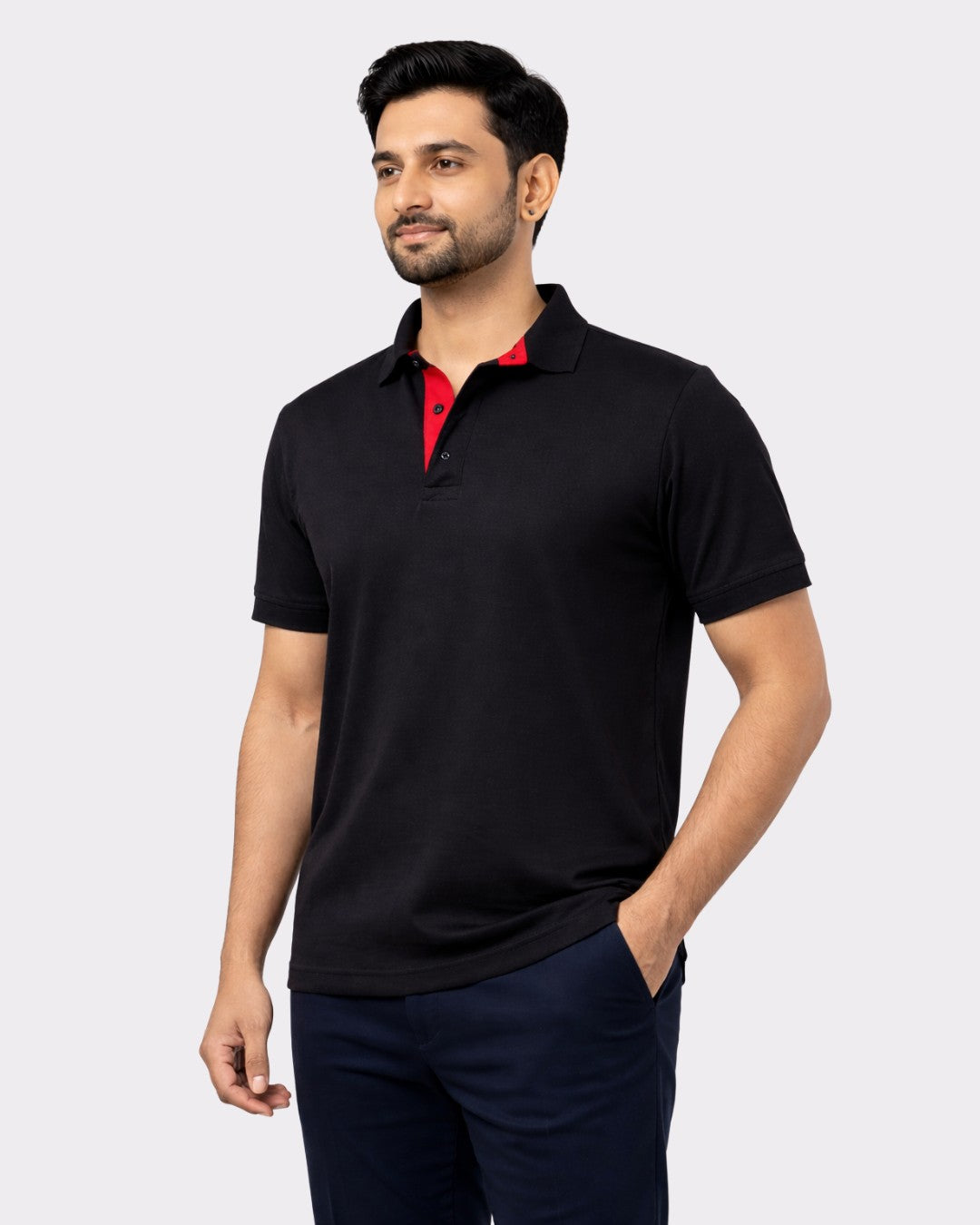 Bandar Baant Collections Premium Regular Fit Polo T-shirt For Men in black with red collar accents
