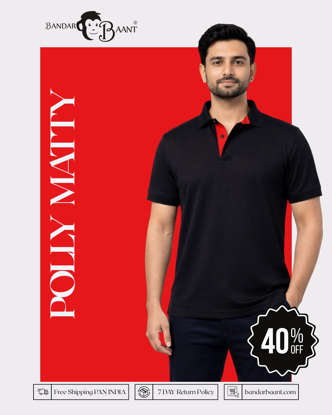 Premium Regular Fit Polo T-shirt For Men in black with red collar detail from Bandar Baant Collections