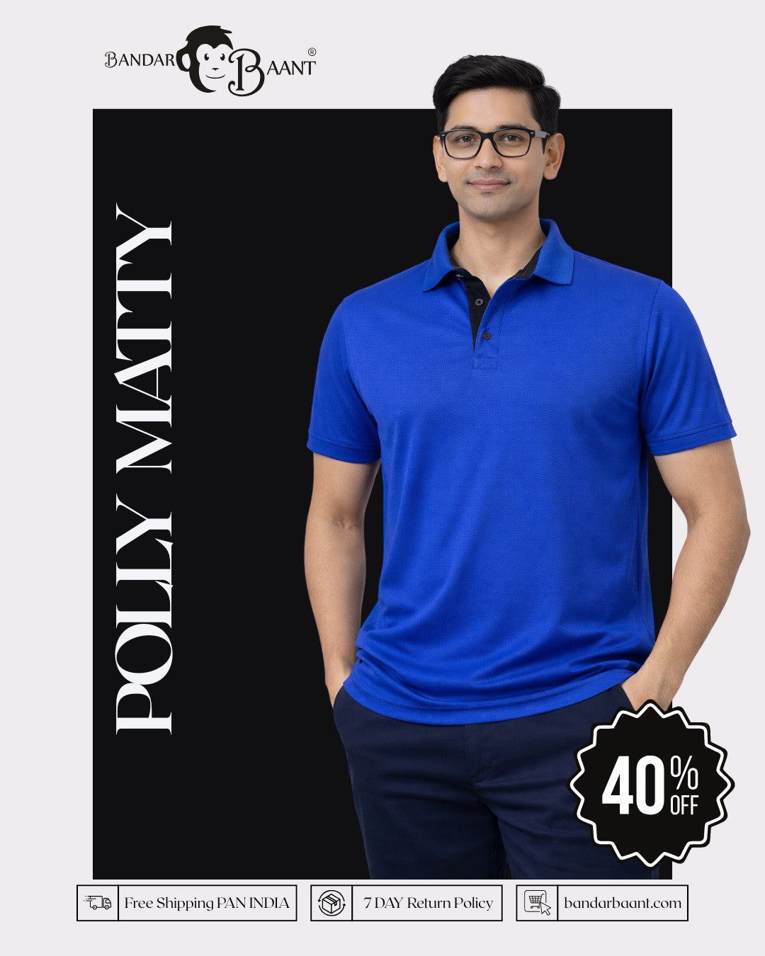 Bandar Baant Collections Premium Regular Fit Polo T-shirt For Men in royal blue worn by a man
