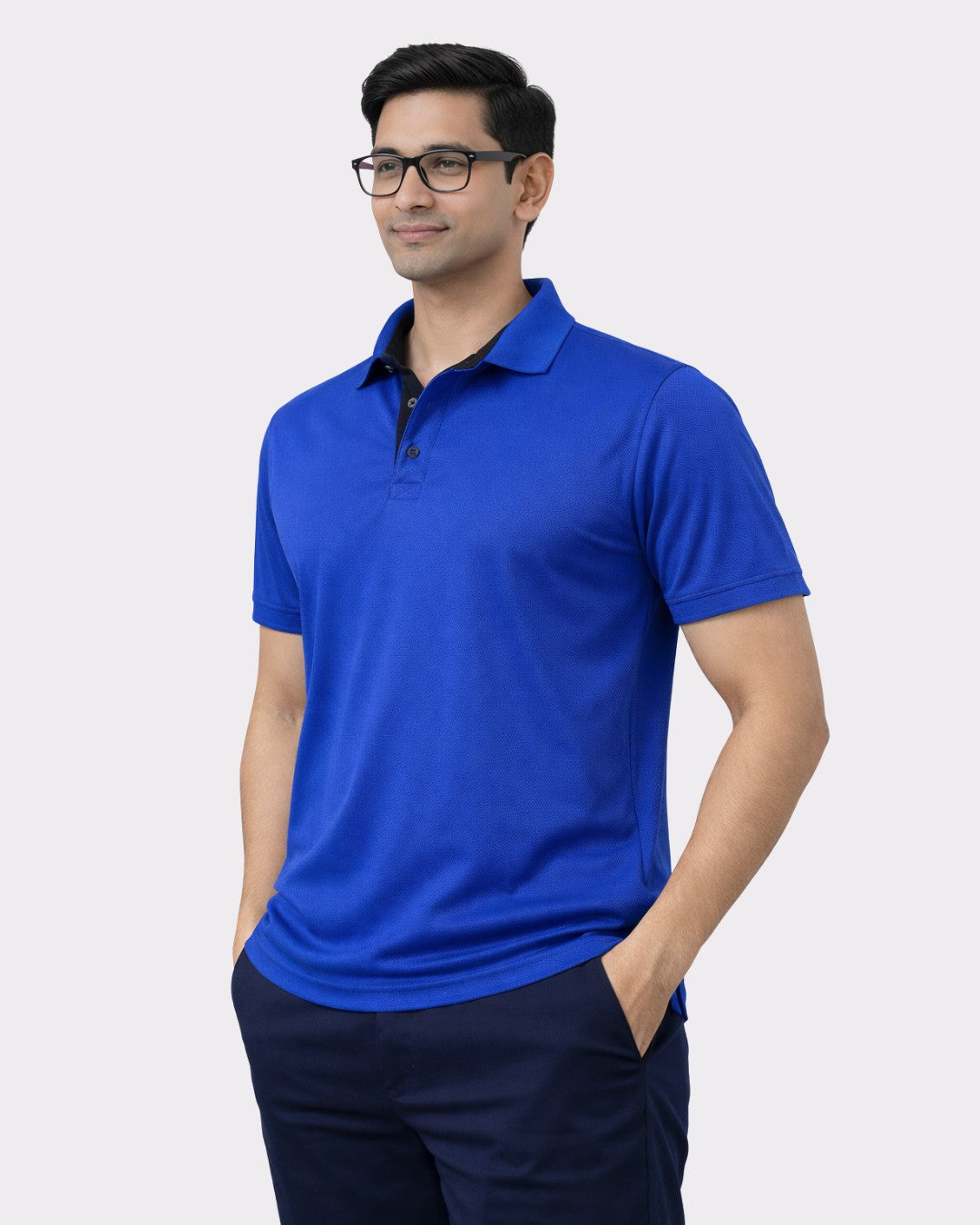 Man wearing a blue Premium Regular Fit Polo T-shirt For Men from Bandar Baant Collections