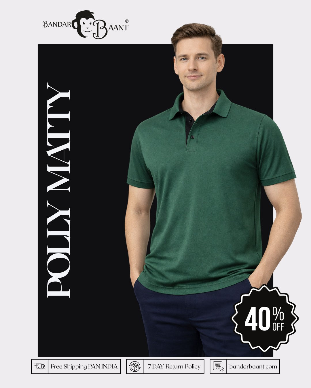 Bandar Baant Premium Regular Fit Polo T-shirt For Men in dark green with short sleeves and collar