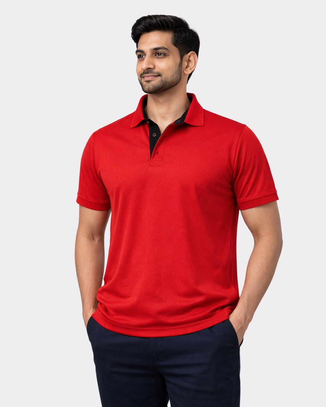 Man wearing Bandar Baant Collections red Premium Regular Fit Polo T-shirt For Men with black collar