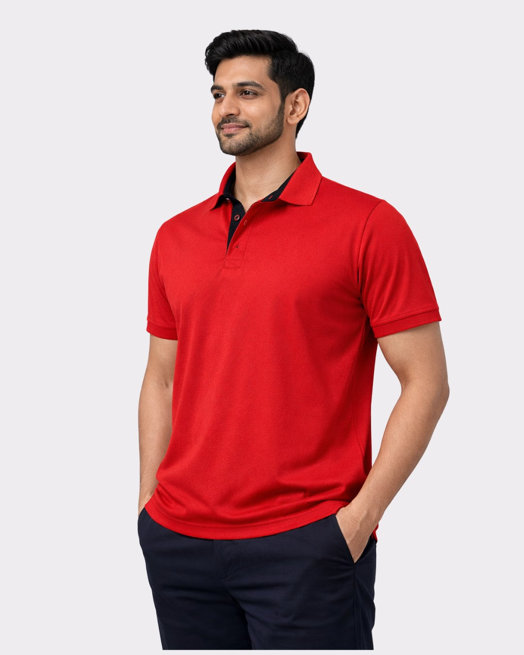 Bandar Baant Collections Premium Regular Fit Polo T-shirt For Men in red modeled with hands in pockets