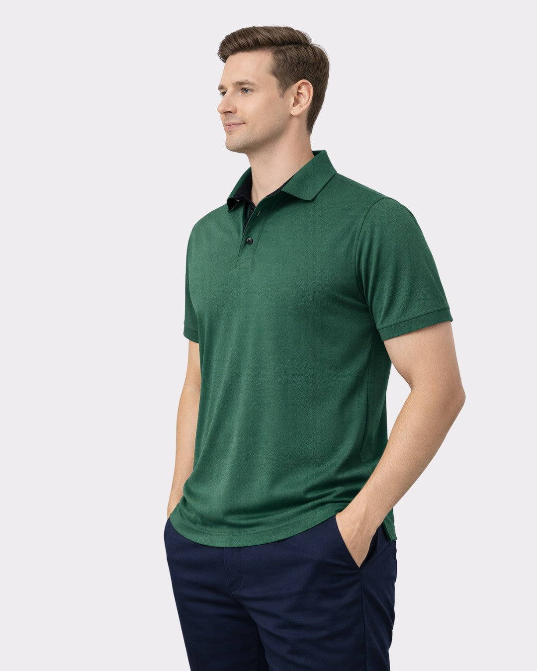 Premium Regular Fit Polo T-shirt For Men in green by Bandar Baant Collections modeled with navy pants