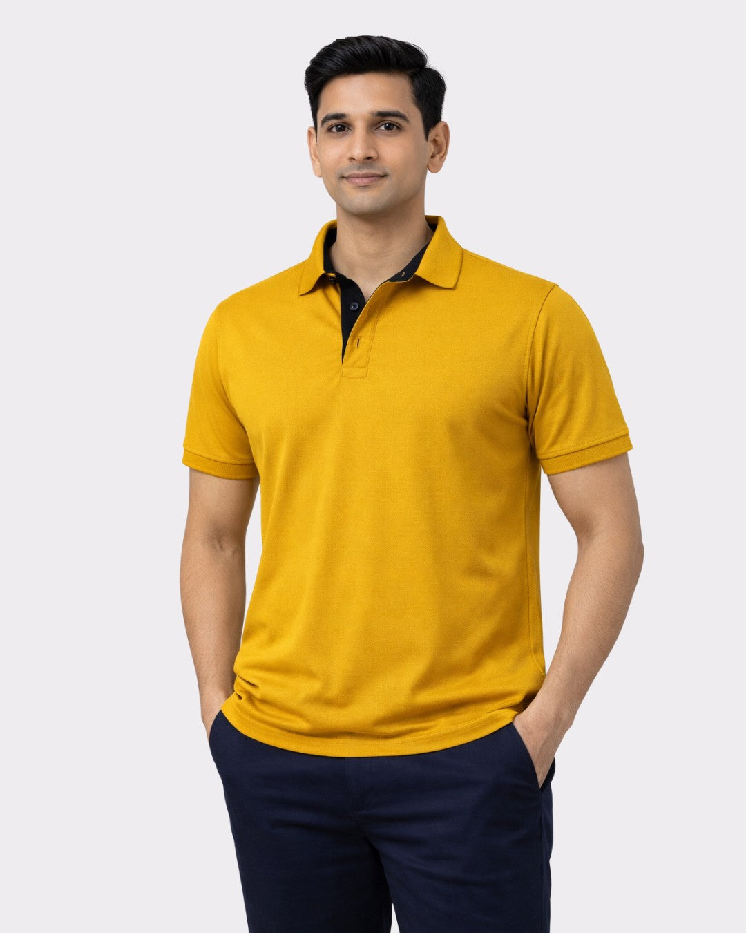 Man wearing mustard yellow Premium Regular Fit Polo T-shirt For Men from Bandar Baant Collections