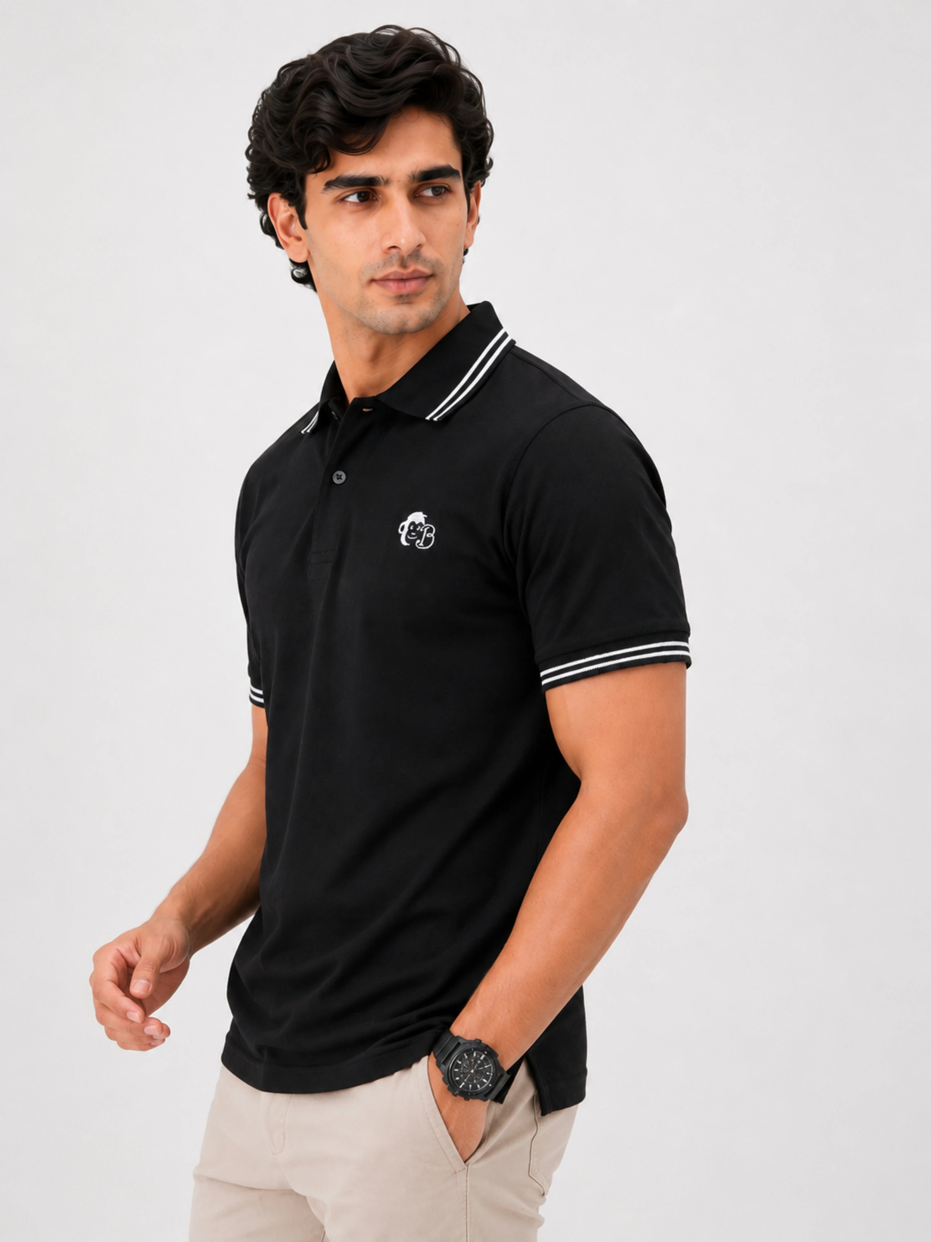 Polo T-shirt For Men Black regular fit with white striped collar and sleeve details by Bandar Baant Collections