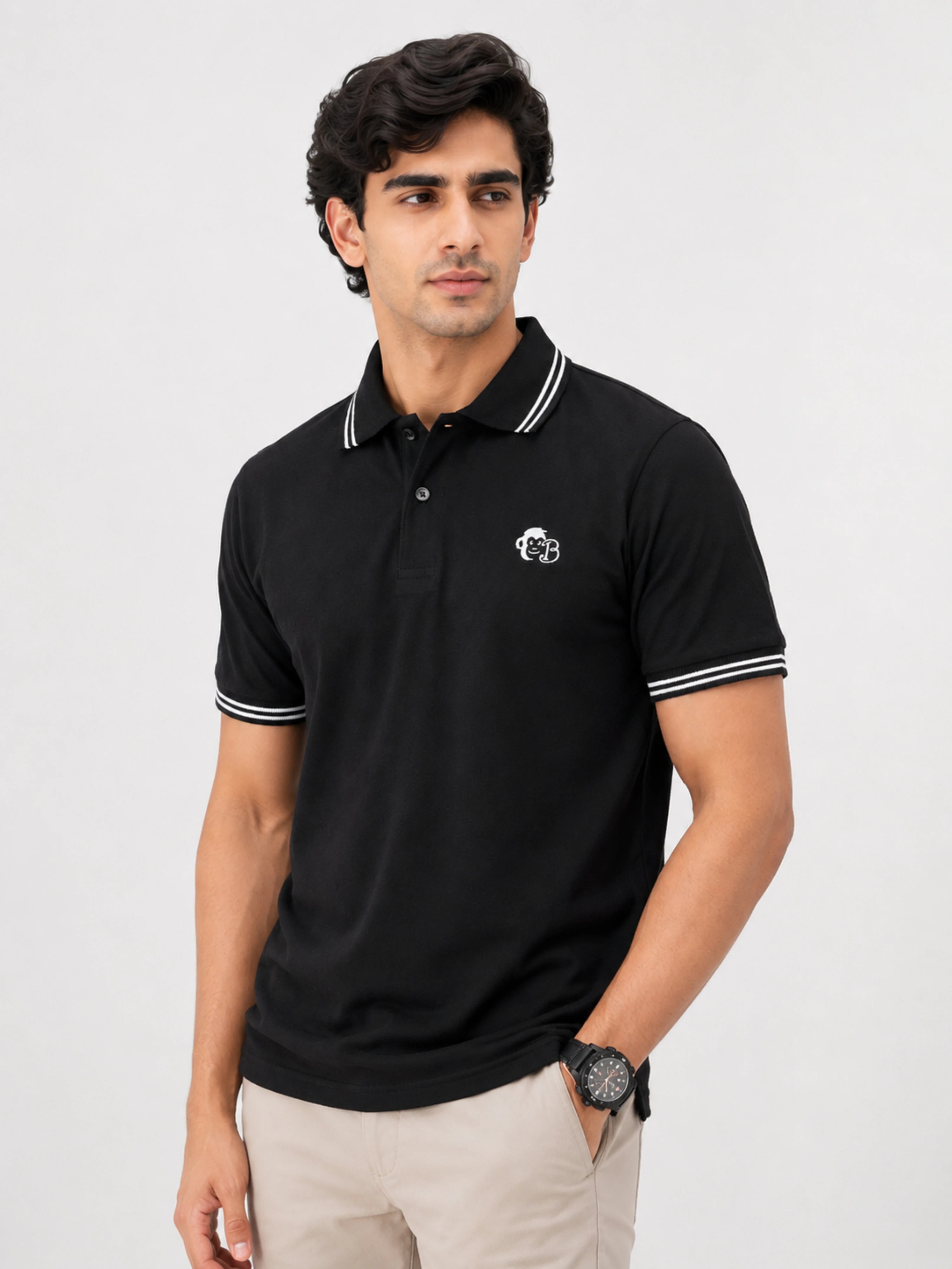 Polo T-shirt For Men Black by Bandar Baant Collections regular fit with white striped collar and sleeve edges