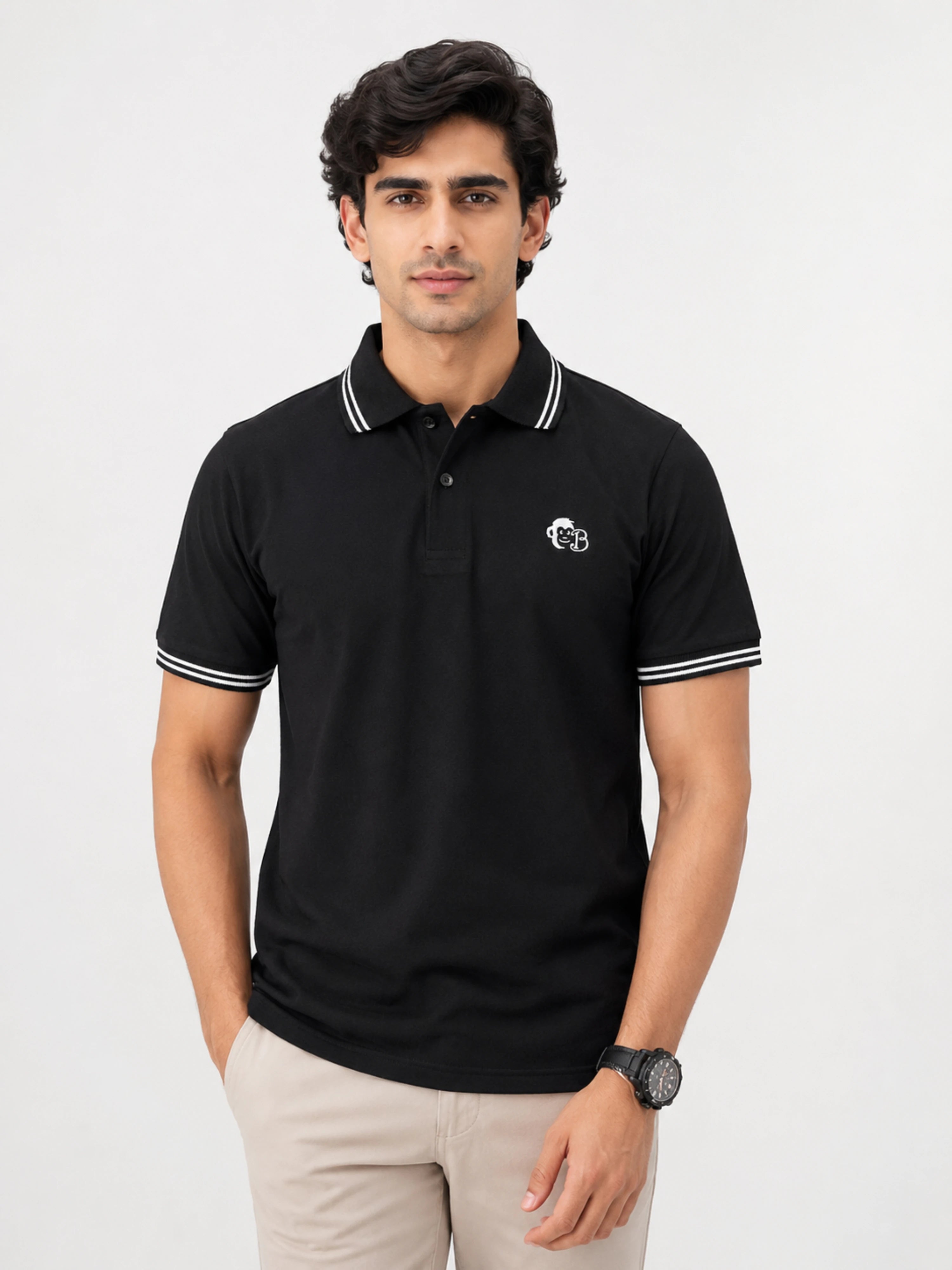 Bandar Baant Collections Polo T-shirt For Men Black with white striped collar and sleeve edges