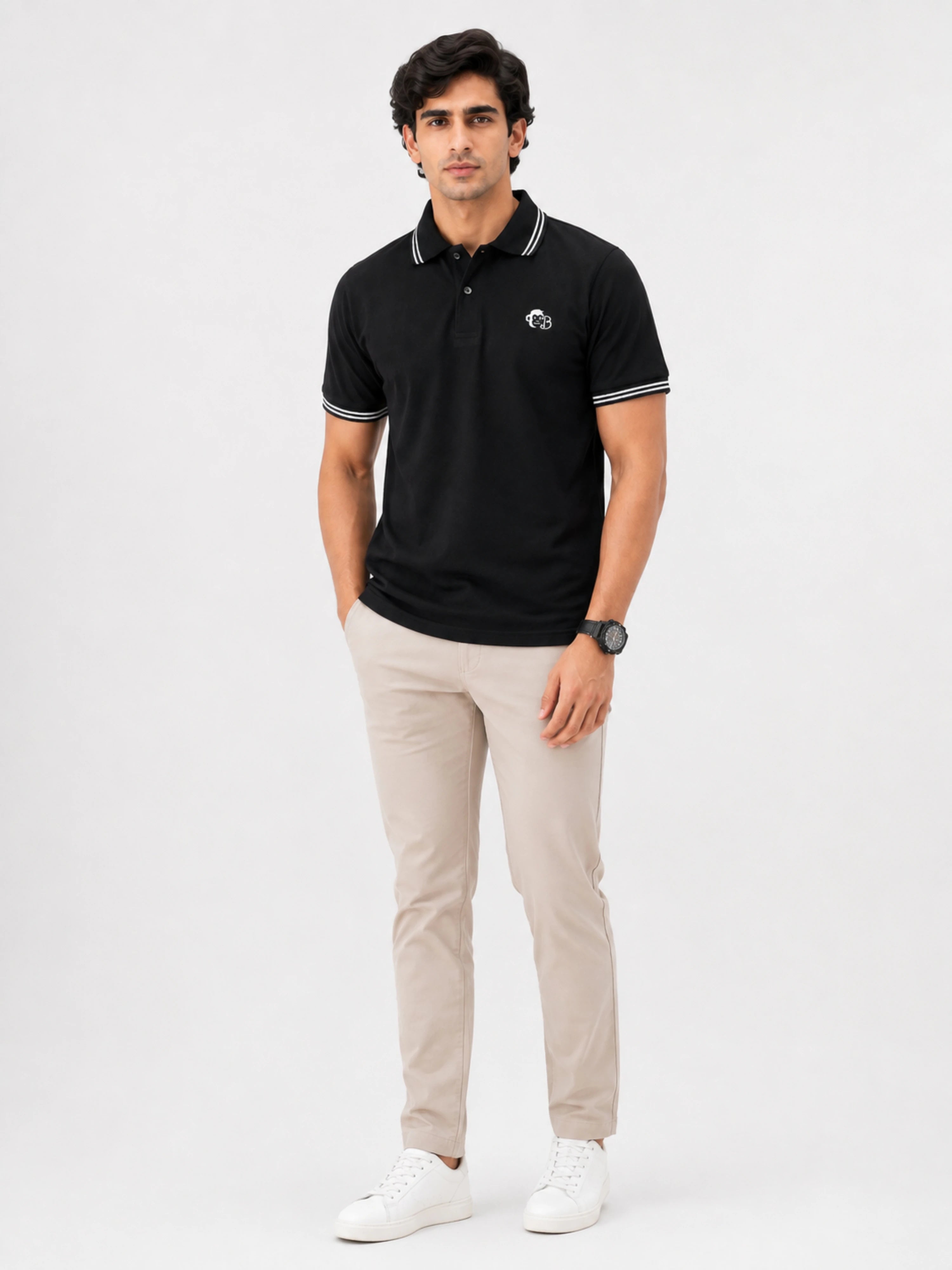 Bandar Baant Collections Polo T-shirt For Men Black regular fit with white striped collar and sleeves