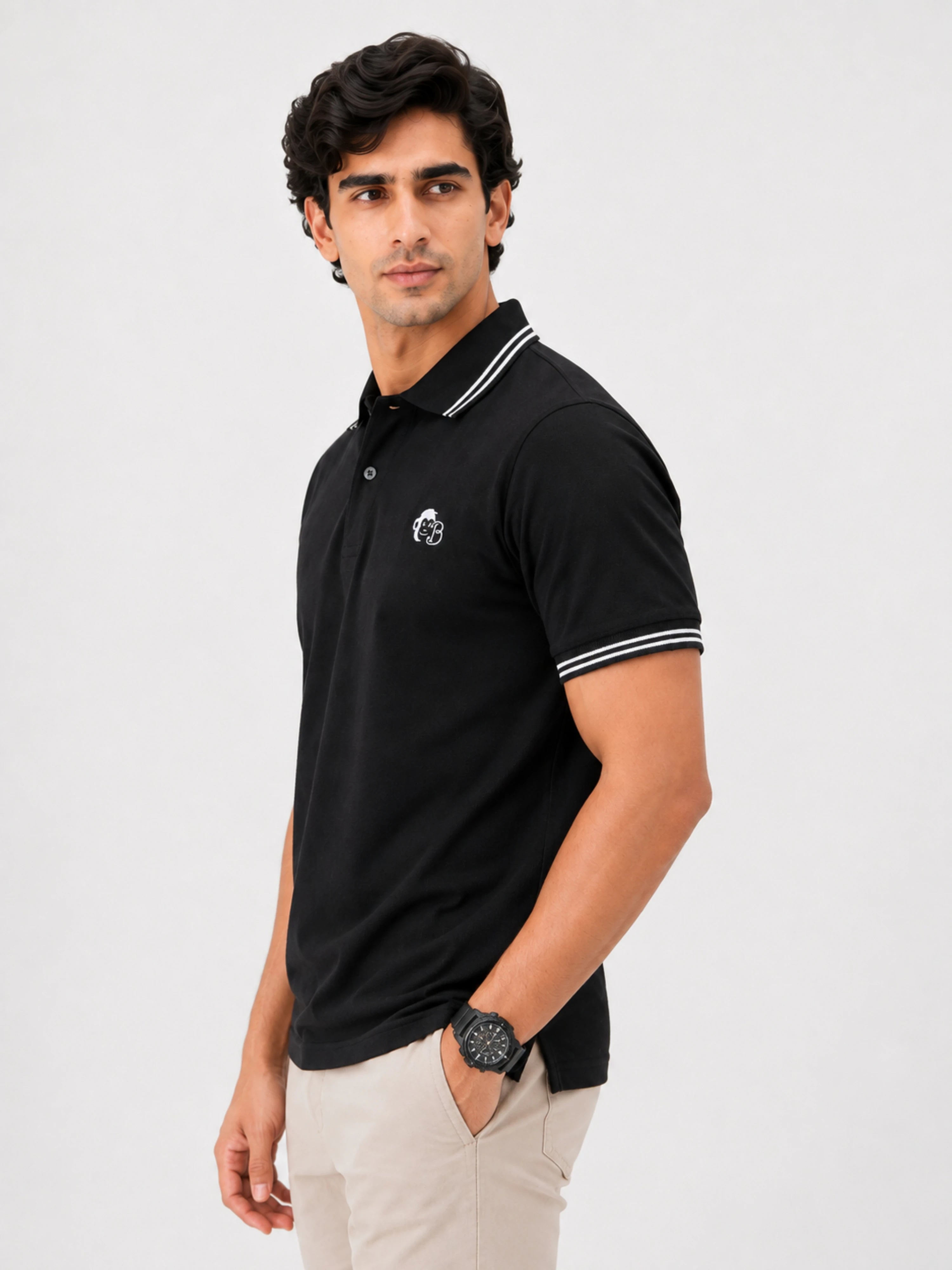 Polo T-shirt For Men Black regular fit with white striped collar and sleeve trim by Bandar Baant Collections