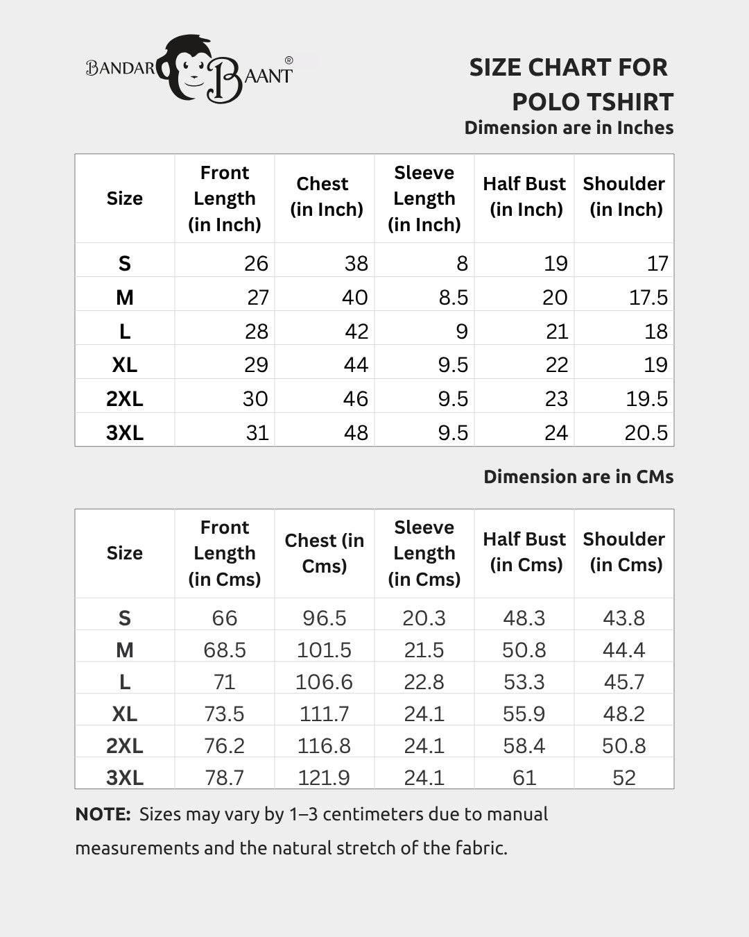 Size chart for Polo T-shirt For Men Black by Bandar Baant Collections detailing measurements in inches and centimeters