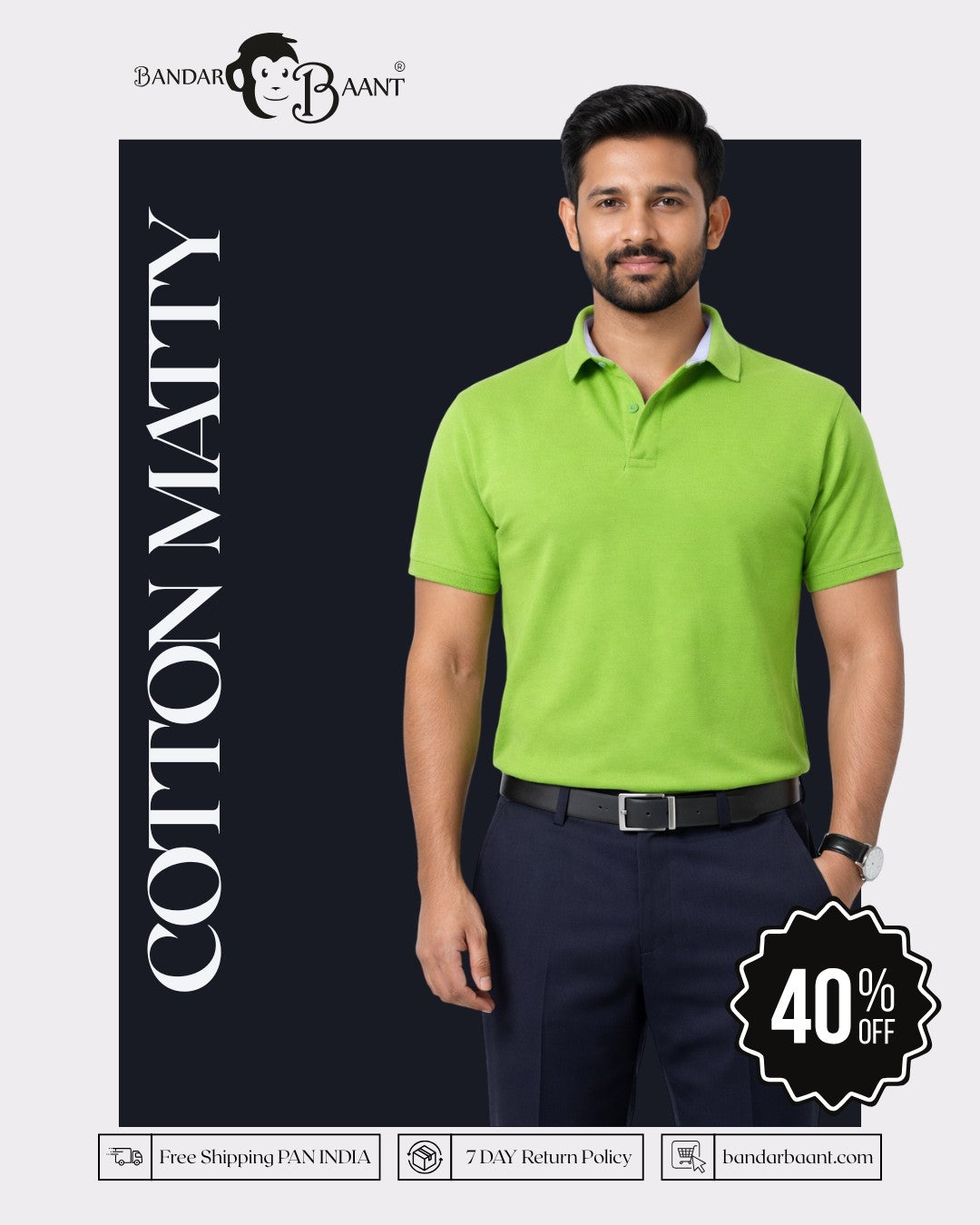 Premium Cotton Matty Polo T-Shirt for Men in bright green oversized fit by Bandar Baant Collections
