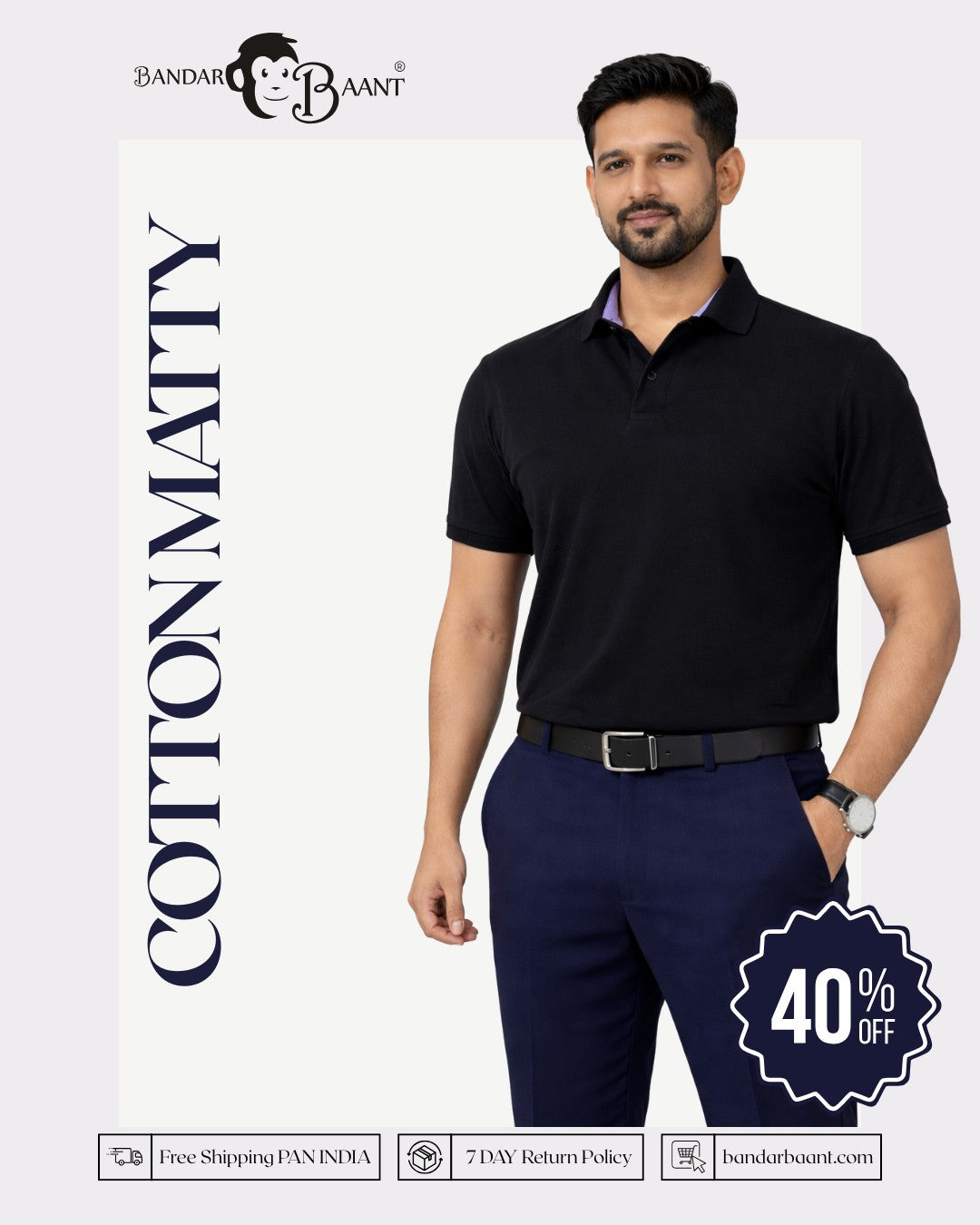 Premium Cotton Matty Polo T-Shirt for Men in black oversized fit by Bandar Baant Collections
