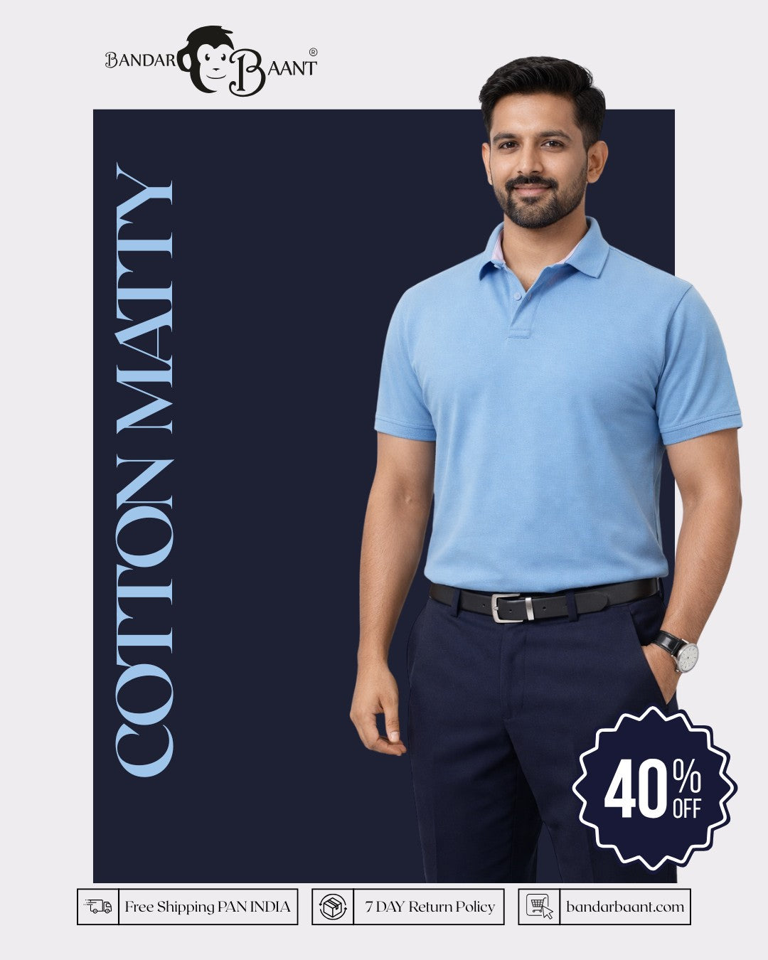 Premium Cotton Matty Polo T-Shirt for Men in light blue oversized fit by Bandar Baant Collections