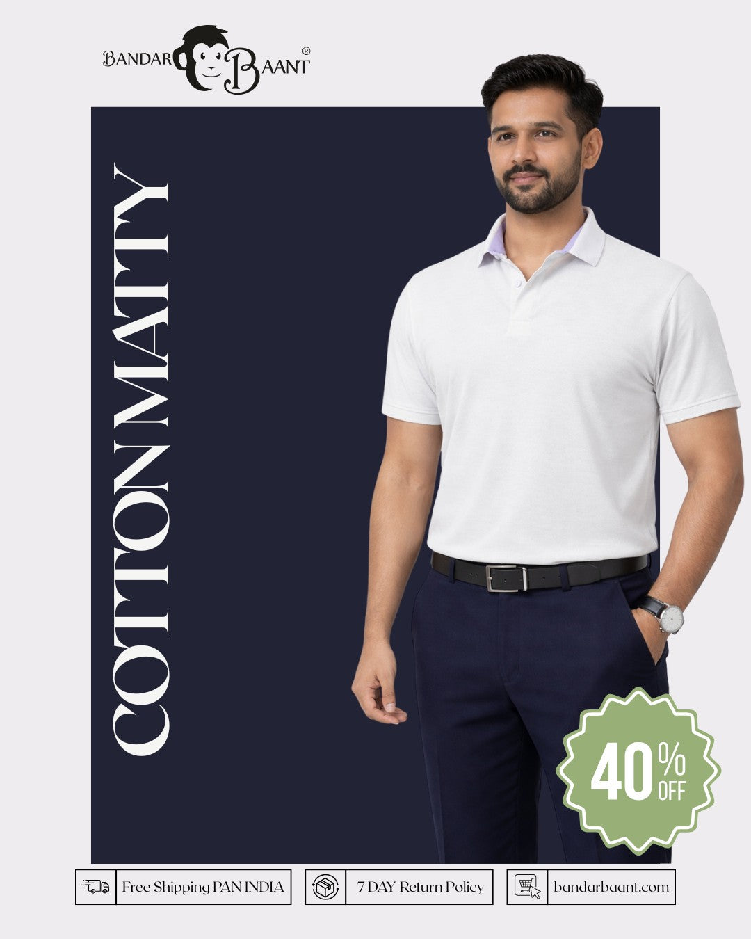 Man wearing Premium Cotton Matty Polo T-Shirt for Men in white by Bandar Baant Collections with navy pants
