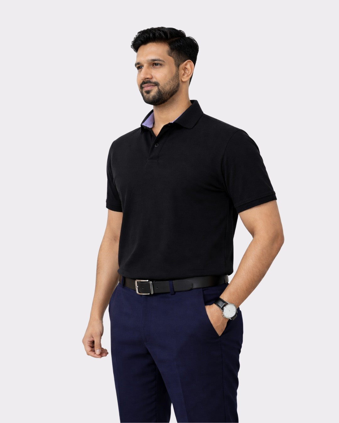 Man wearing black Premium Cotton Matty Polo T-Shirt for Men from Bandar Baant Collections