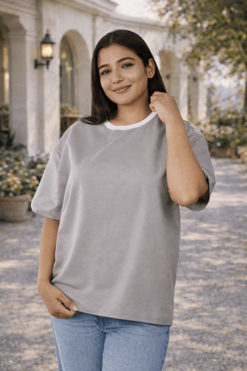 Premium Light Grey Oversized Plain T-shirt for Women 4