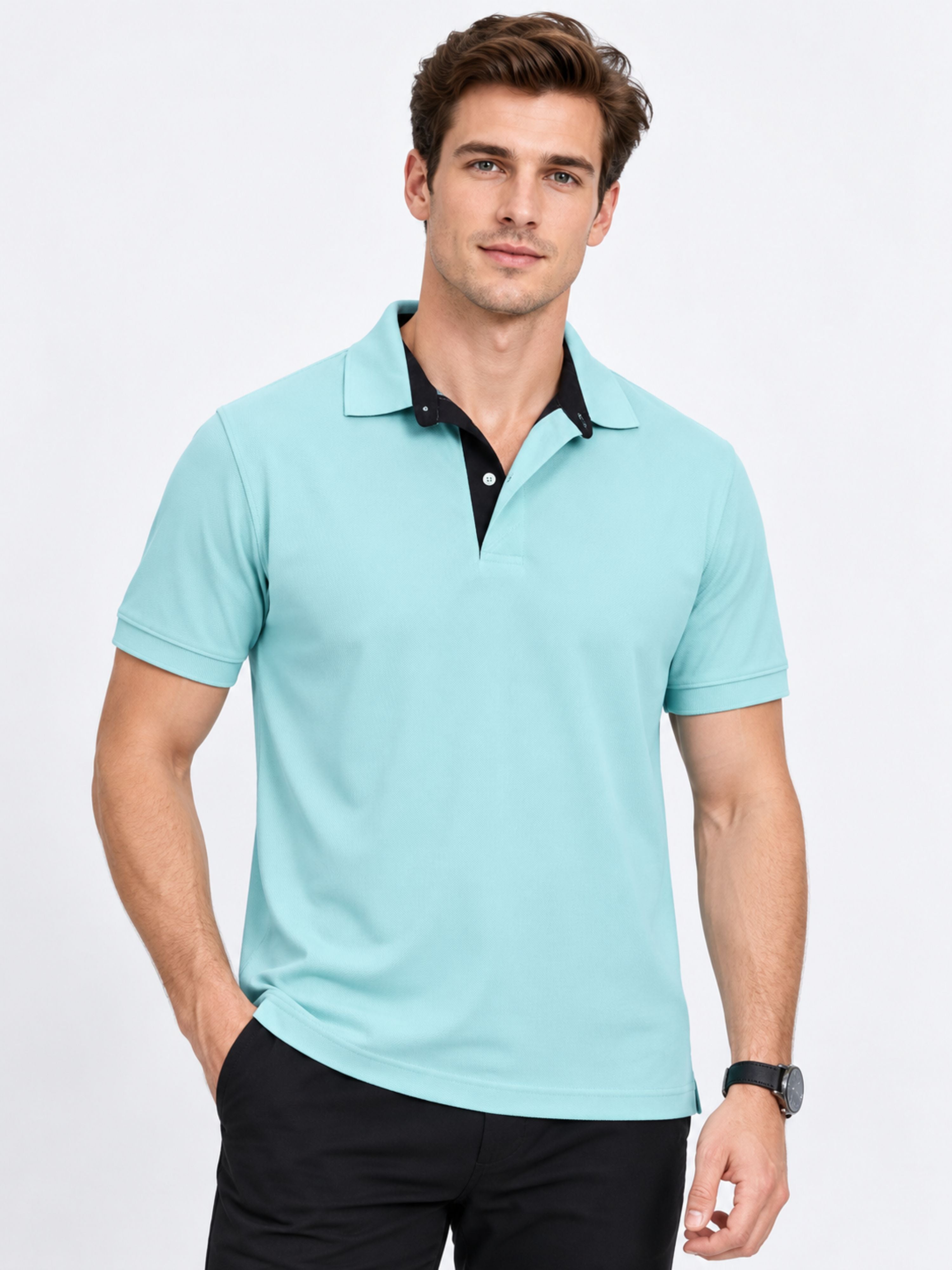 Bandar Baant Collections Premium Polo T-Shirt for Men in light blue with black collar and regular fit