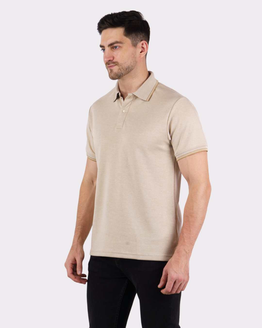 Beige Premium Polo T-Shirt for Men in oversized fit by Bandar Baant Collections worn by male model