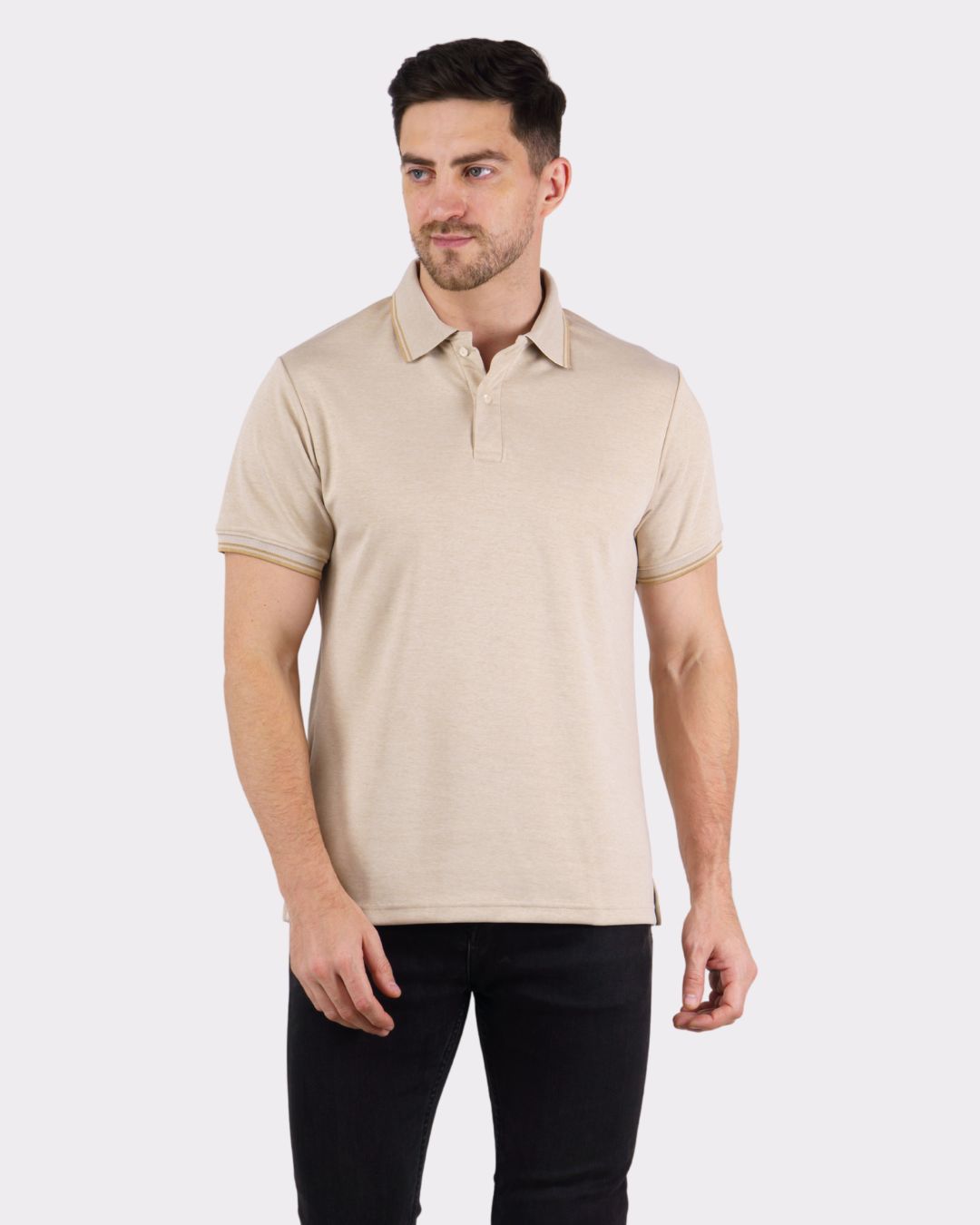 Beige Premium Polo T-Shirt for Men by Bandar Baant Collections modeled by man with black pants
