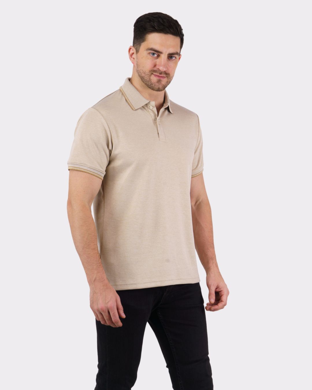 Man wearing beige oversized fit Premium Polo T-Shirt for Men by Bandar Baant Collections