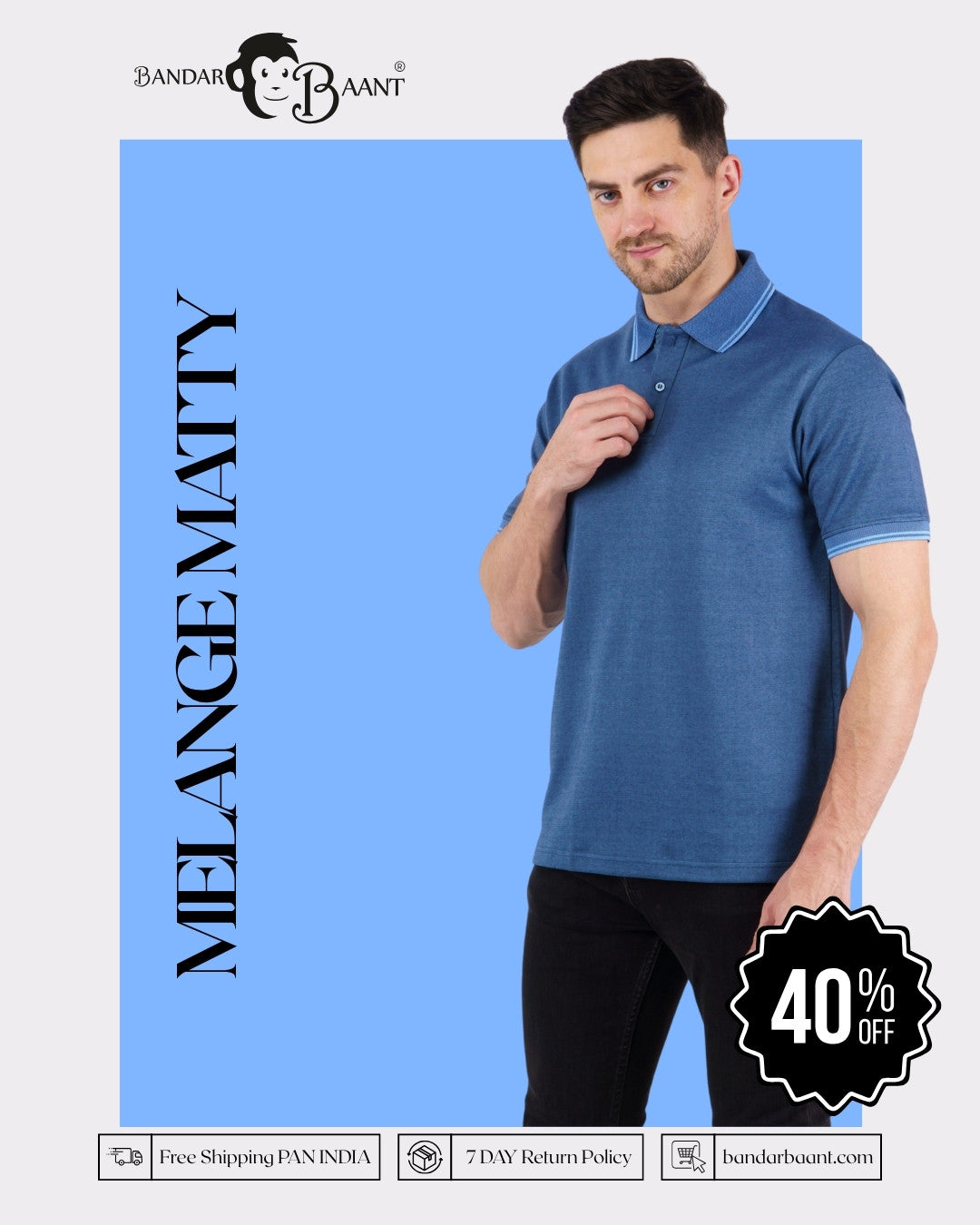 Premium Polo T-Shirt for Men in blue melange with collar, modeled by man from Bandar Baant Collections