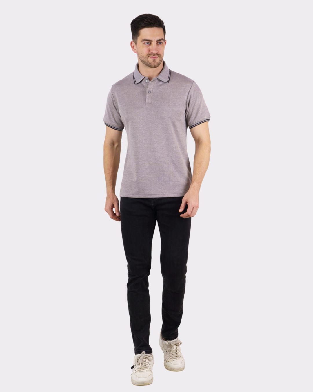 Mens Premium Polo T-Shirt for Men in gray oversized fit by Bandar Baant Collections paired with black pants