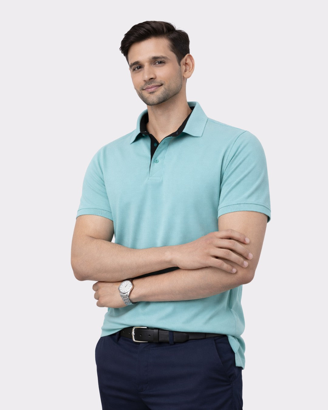 Man wearing oversized fit Premium Polo T-Shirt for Men in light blue from Bandar Baant Collections