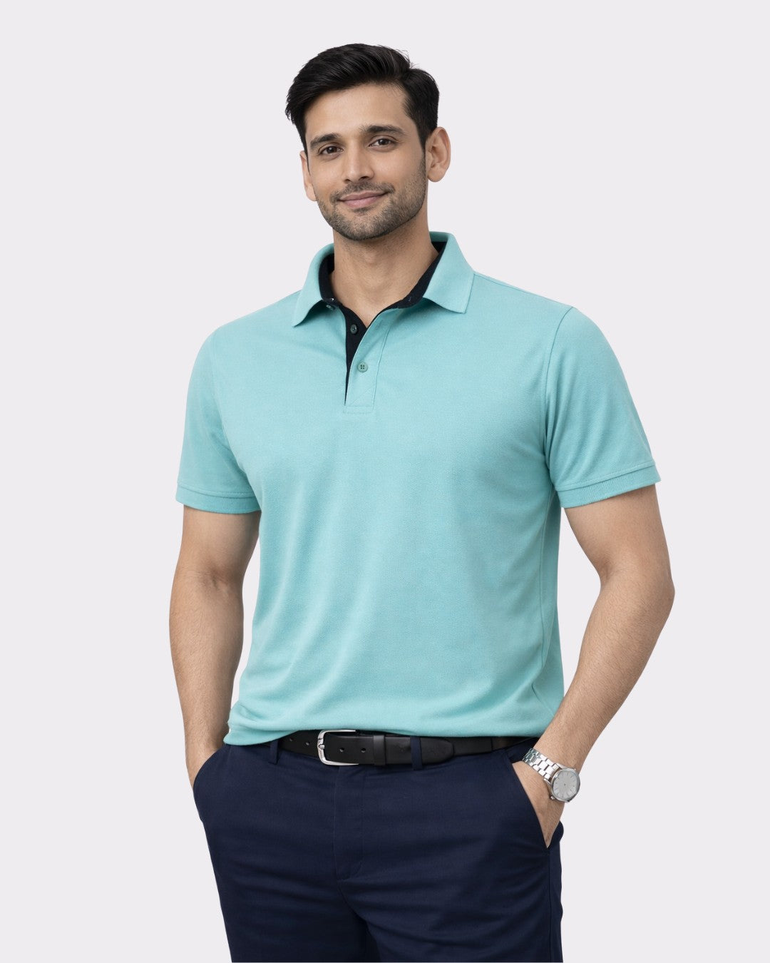 Man wearing a premium polo t-shirt for men in light blue oversized fit by Bandar Baant Collections