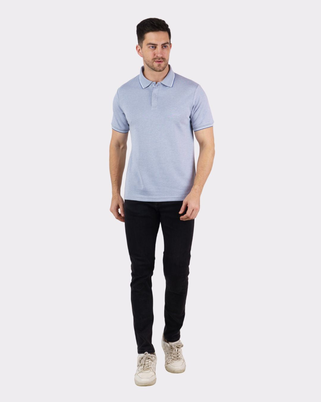 Man wearing Bandar Baant Collections oversized fit Premium Polo T-Shirt for Men in light blue