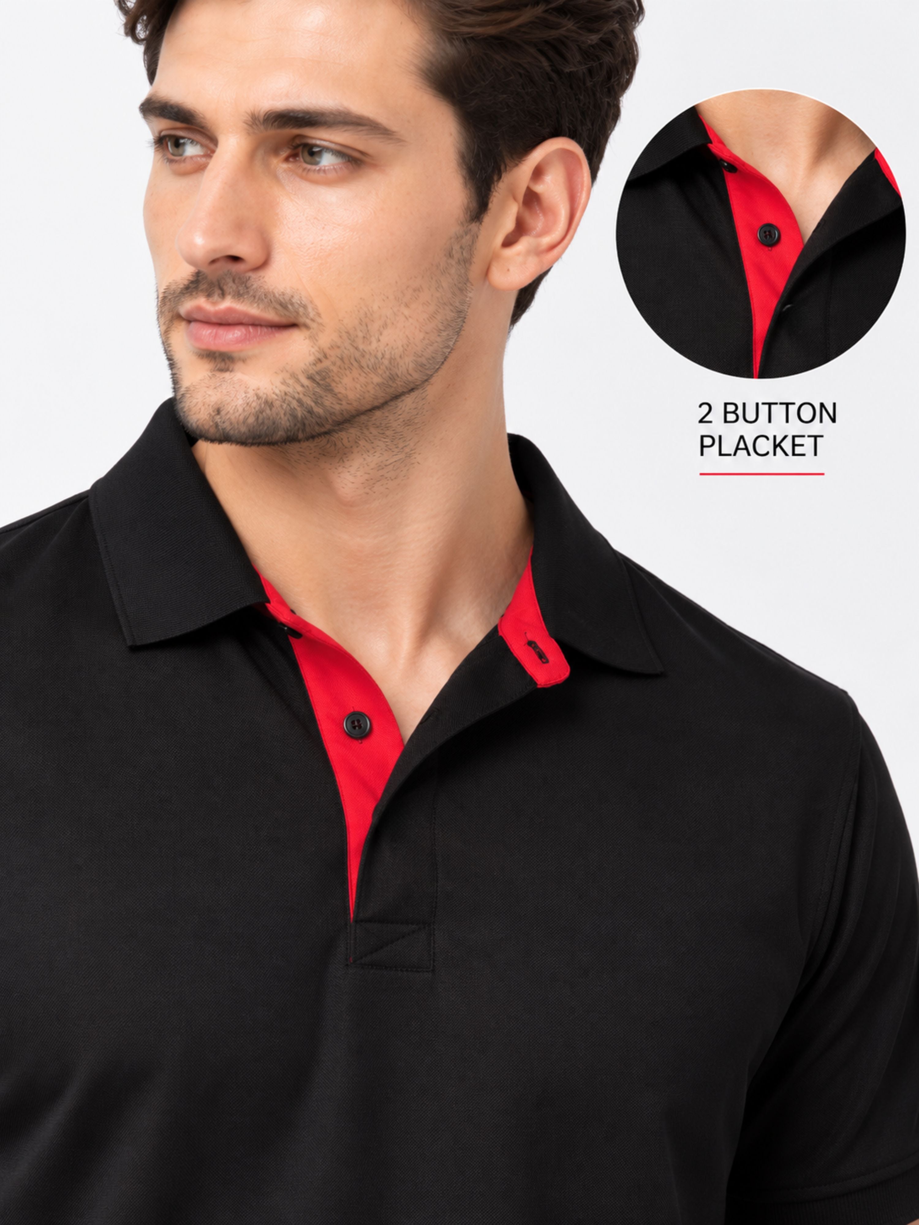 Premium Regular Fit Polo T-shirt For Men in black with red button placket by Bandar Baant Collections