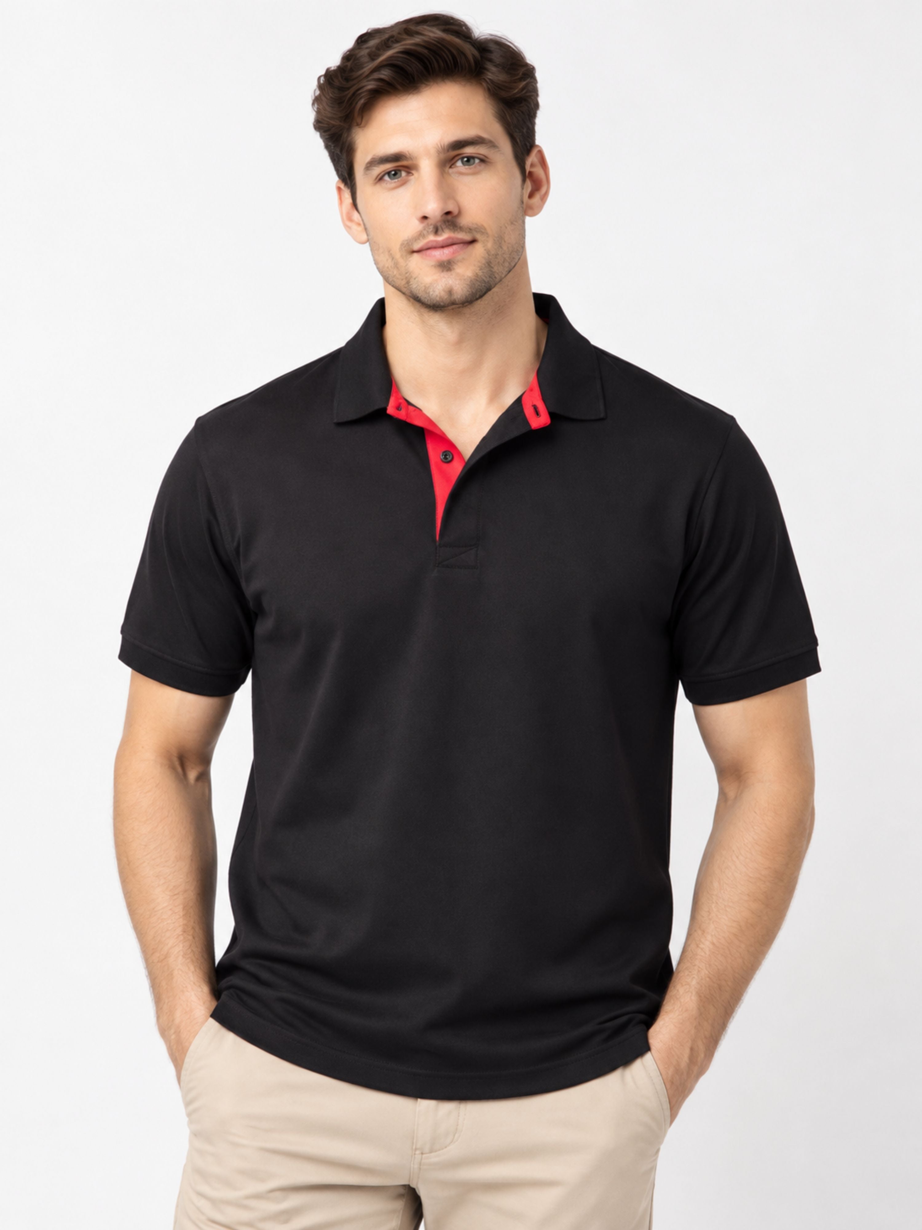 Premium Regular Fit Polo T-shirt For Men in black with red collar detail by Bandar Baant Collections