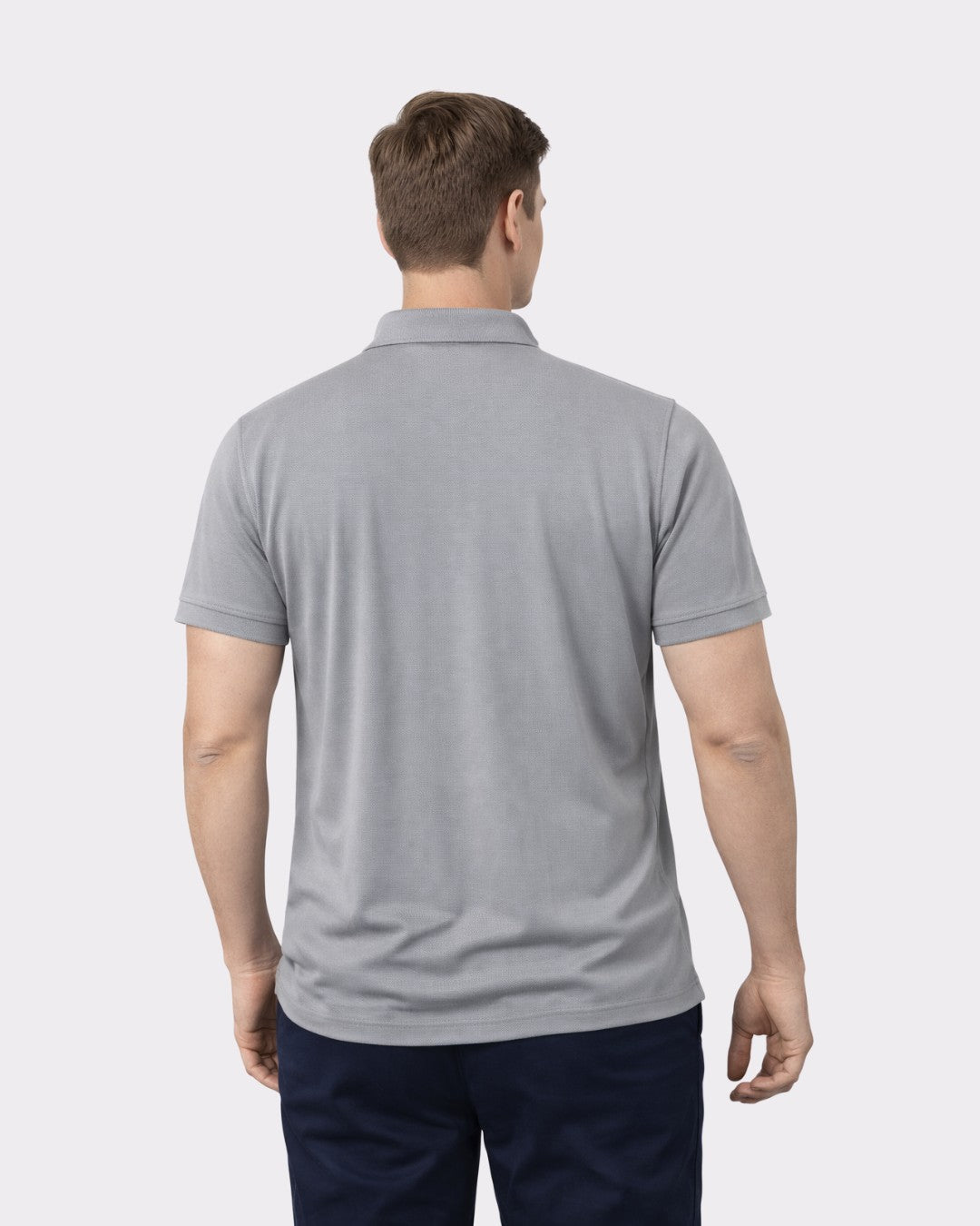 Back view of Premium Regular Fit Polo T-shirt For Men in gray from Bandar Baant Collections worn by male model