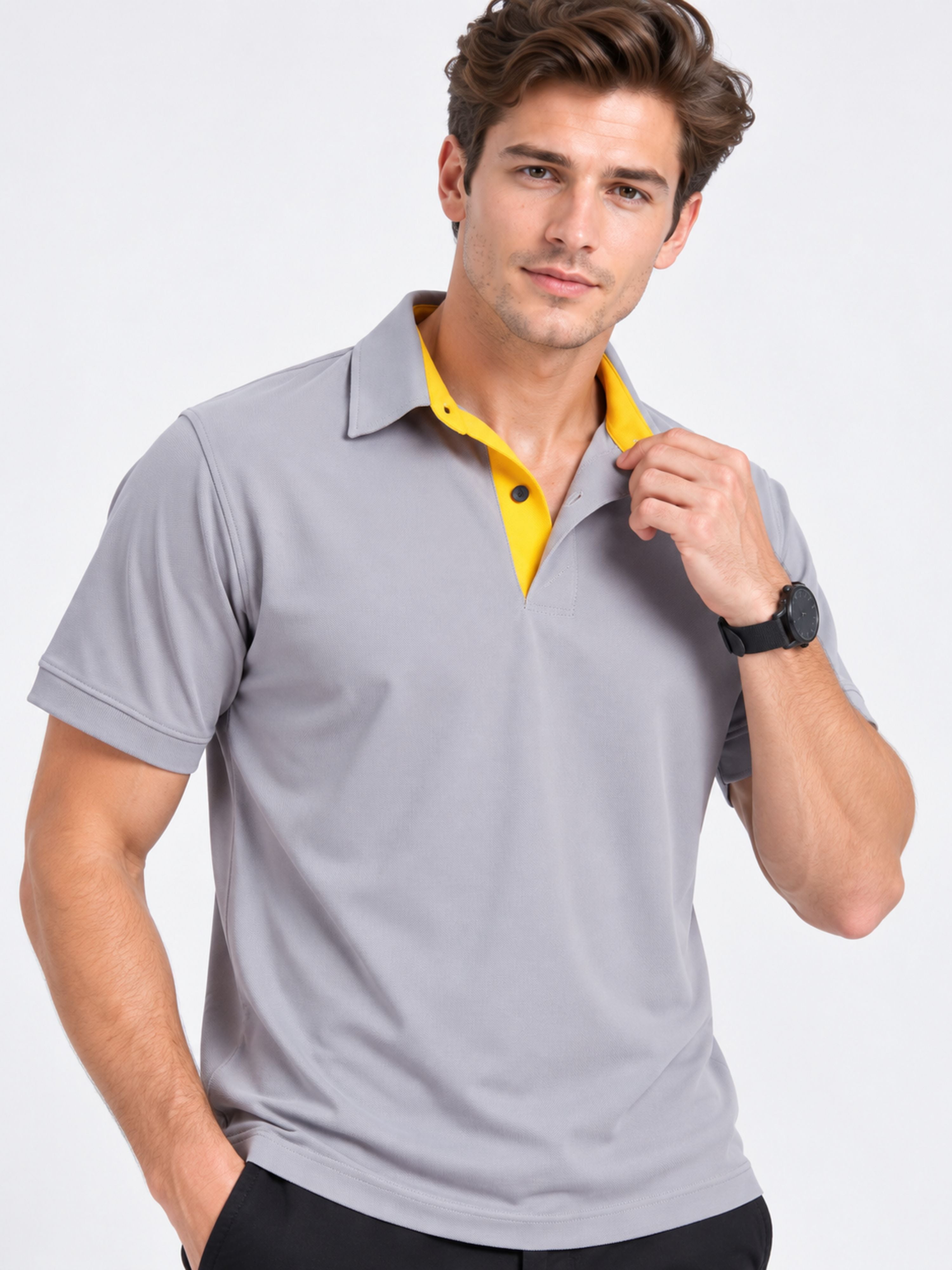Premium Regular Fit Polo T-shirt For Men in gray with yellow collar from Bandar Baant Collections