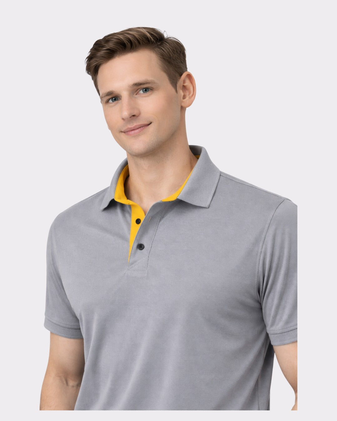 Man wearing Bandar Baant Collections Premium Regular Fit Polo T-shirt For Men in gray with yellow inner collar