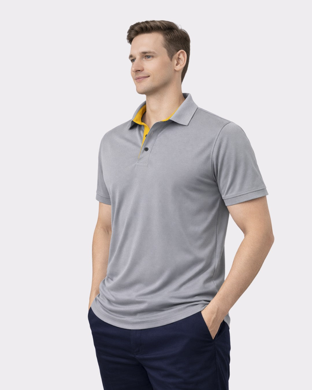 Premium Regular Fit Polo T-shirt For Men in gray with yellow collar detail by Bandar Baant Collections