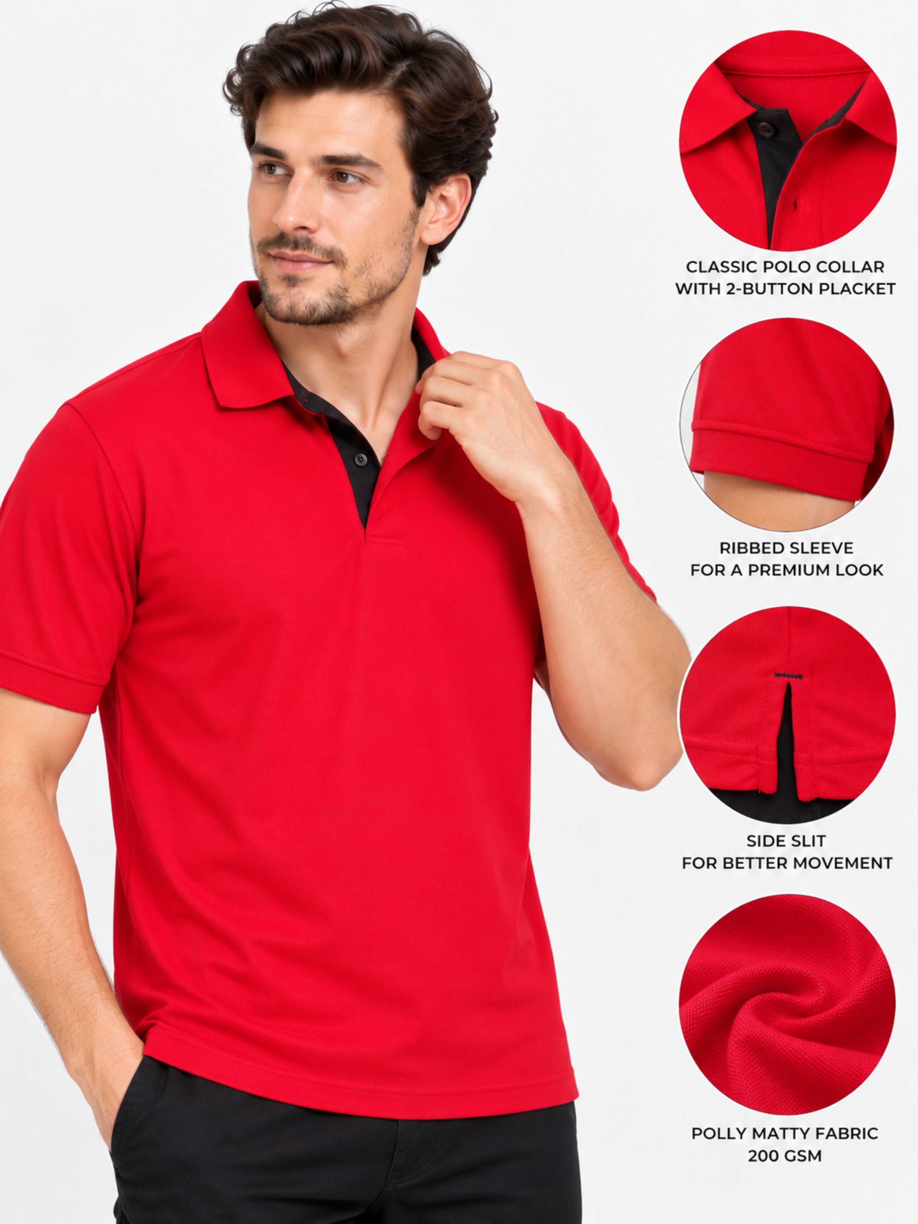 Red Premium Regular Fit Polo T-shirt For Men by Bandar Baant Collections with classic collar and ribbed sleeves