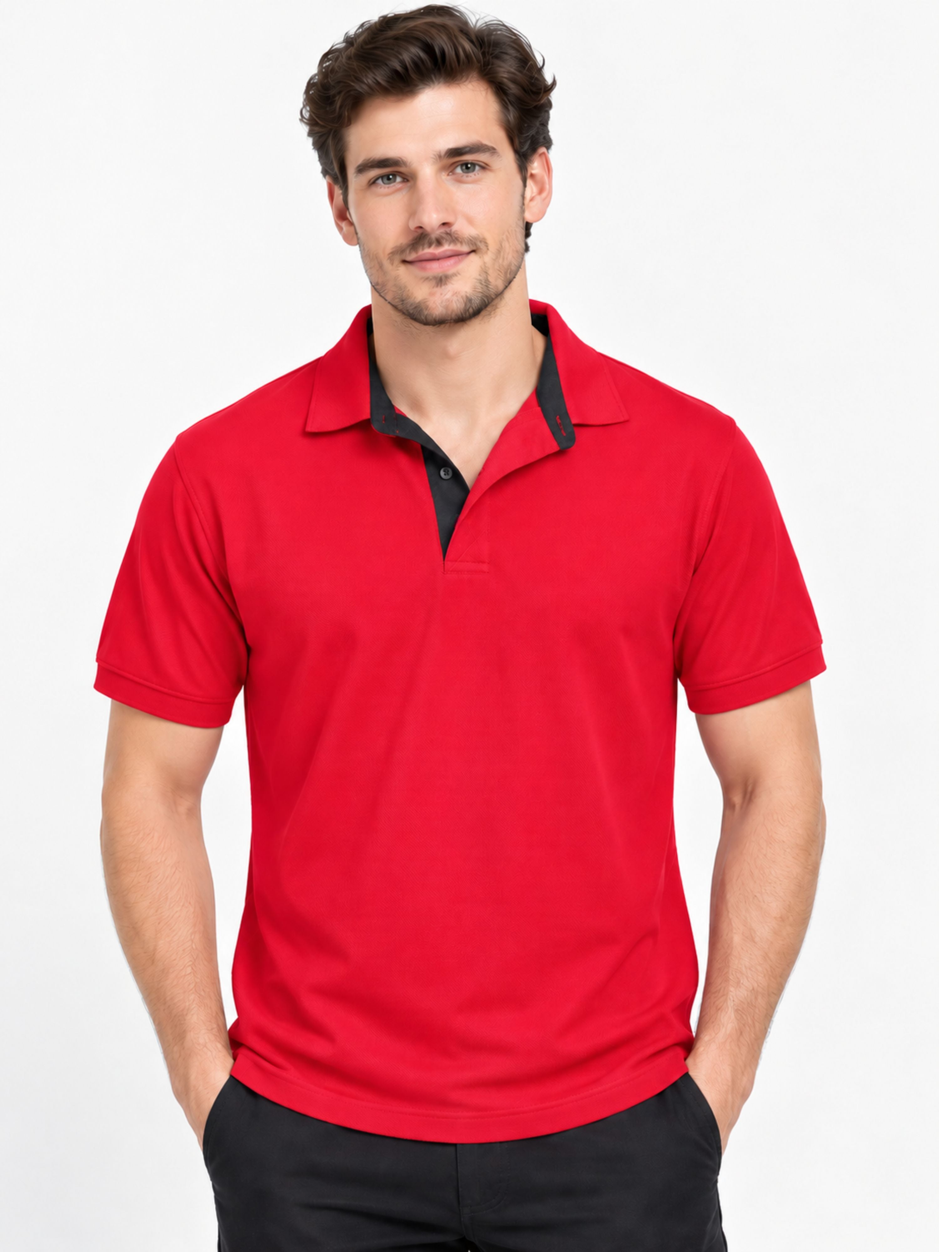 Premium Regular Fit Polo T-shirt For Men in red with black collar from Bandar Baant Collections