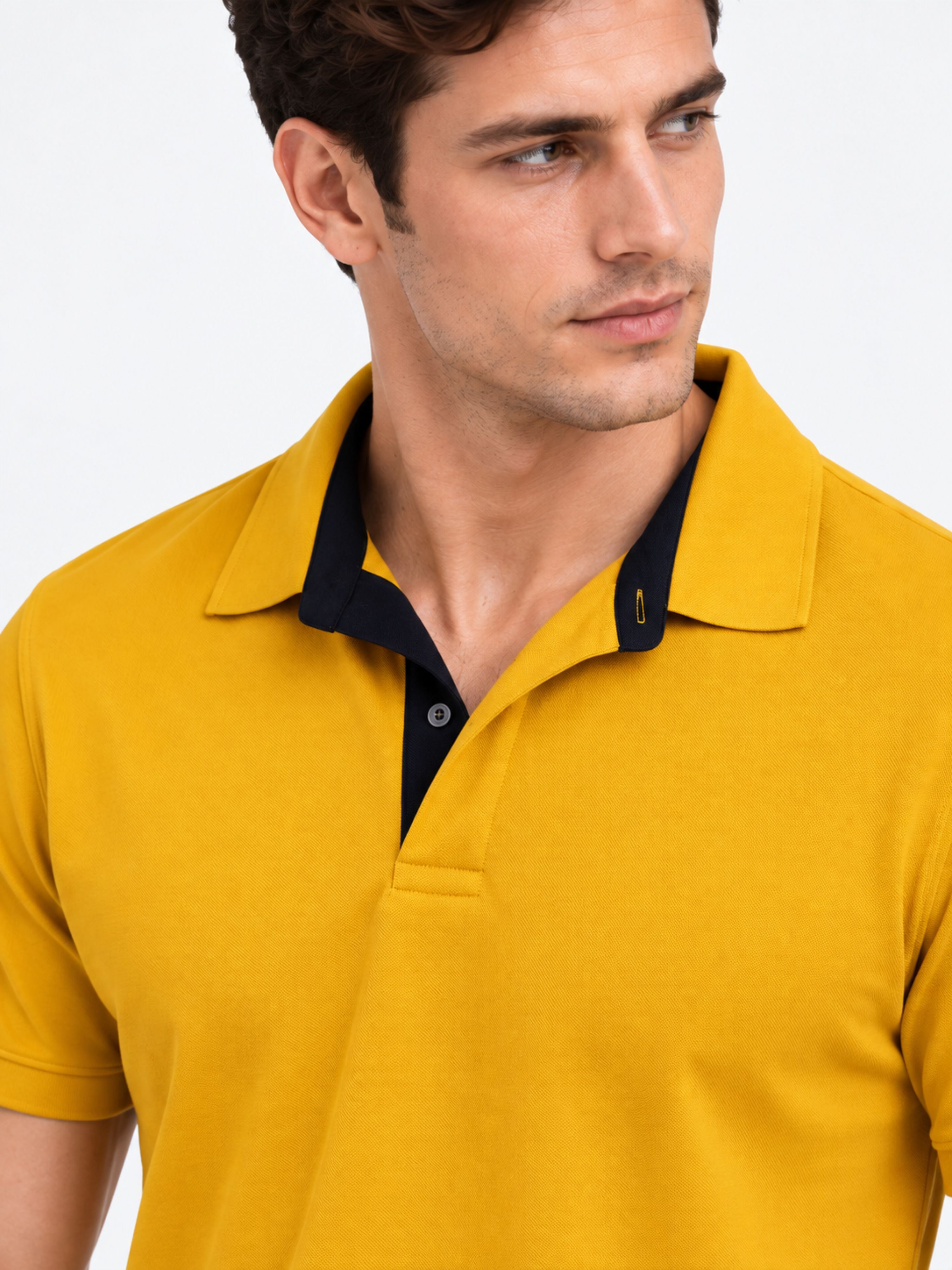 Premium Regular Fit Polo T-shirt For Men in mustard yellow with black collar from Bandar Baant Collections