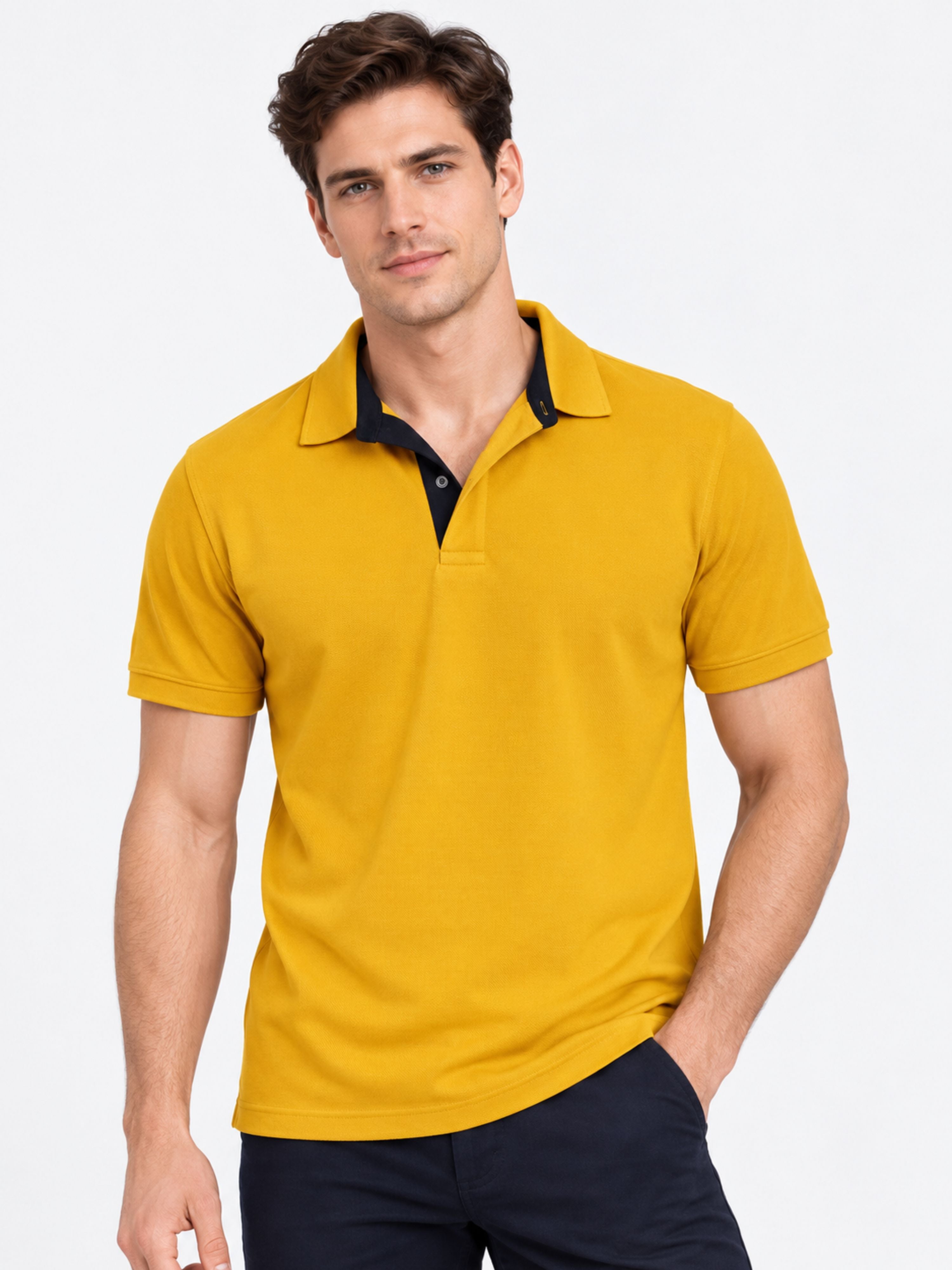 Premium Regular Fit Polo T-shirt For Men in mustard yellow by Bandar Baant Collections, styled on male model