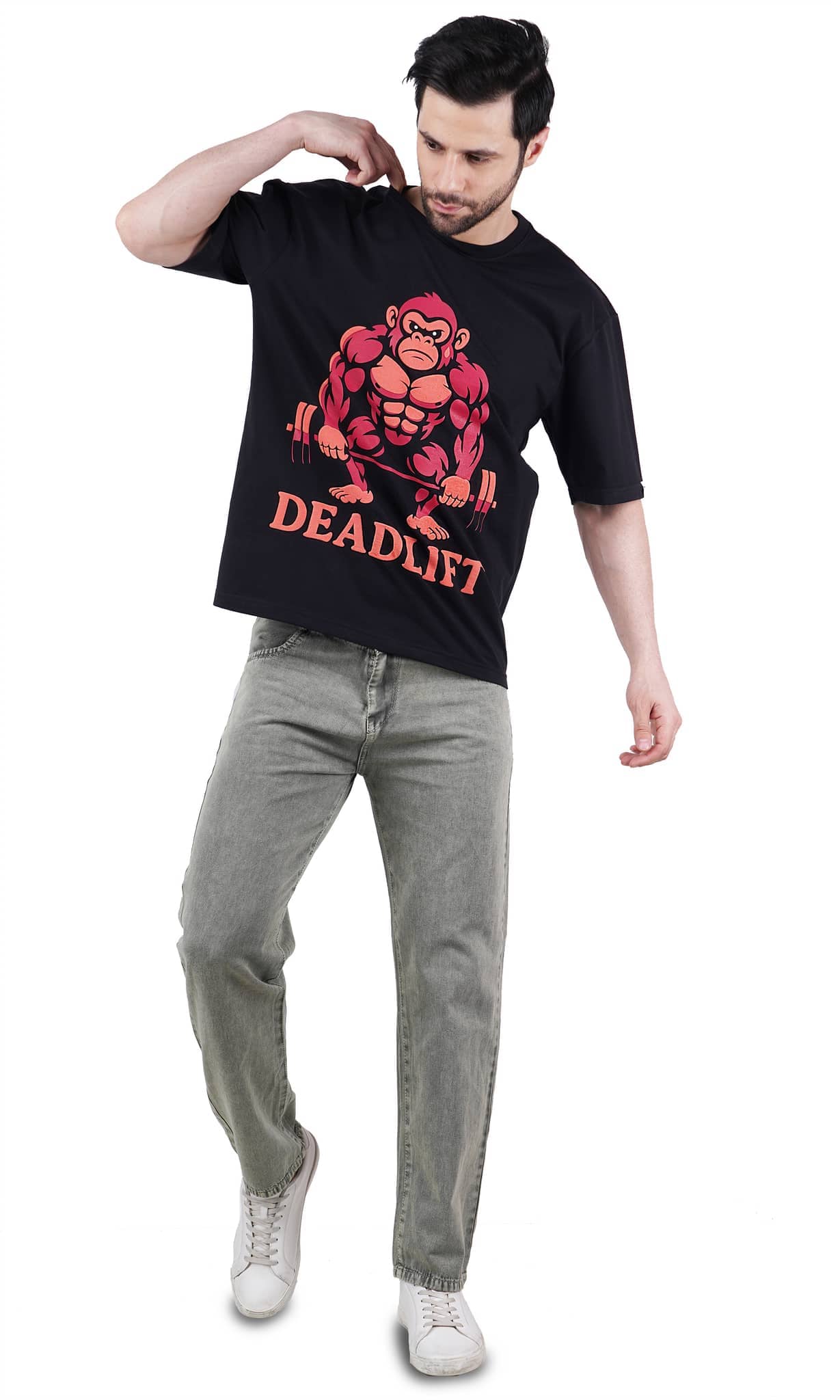 Bandar Baant Collections oversized fit Printed T-shirt For Men Gym Enthusiast Deadlift black with muscular monkey graphic