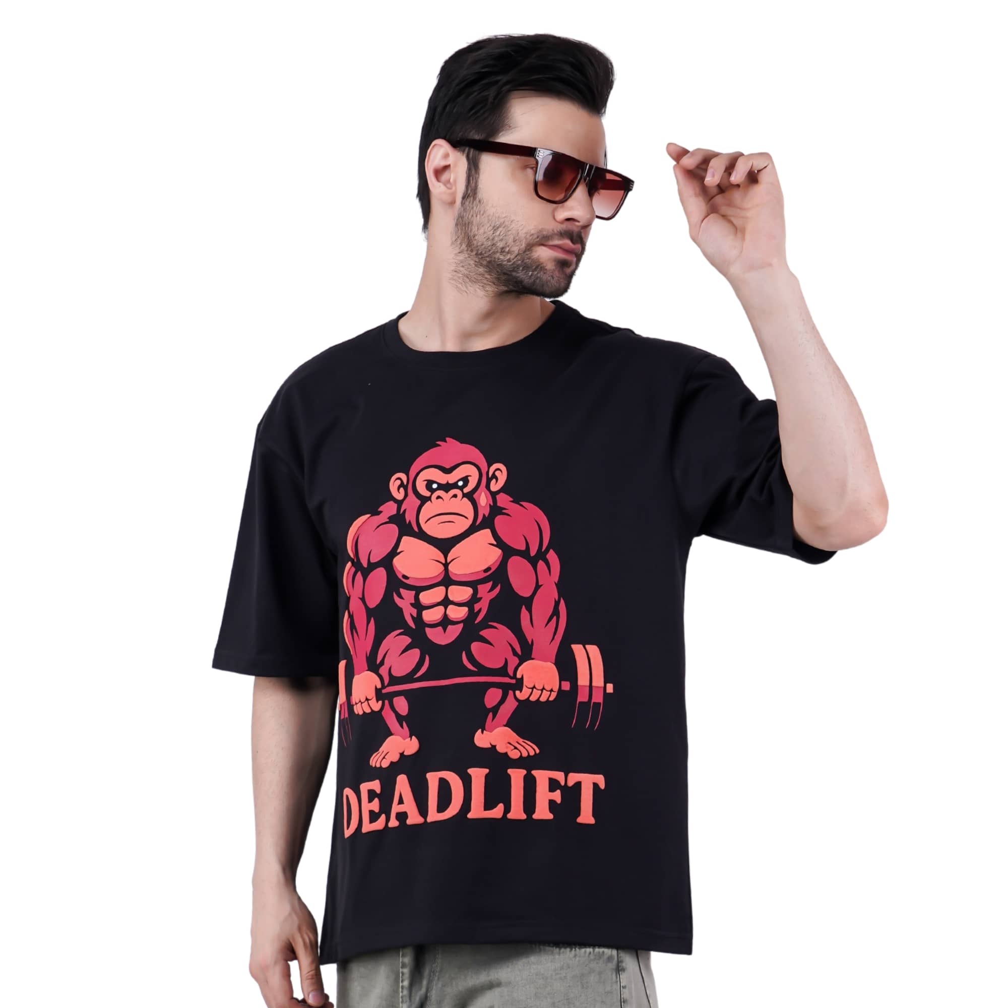 Oversized fit Printed T-shirt For Men Gym Enthusiast Deadlift with gorilla graphic holding barbell