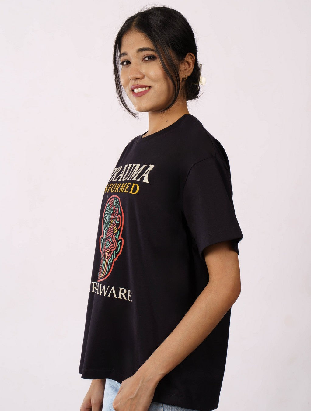Bandar Baant Collections oversized fit Printed T-shirt For Women in black with graphic design