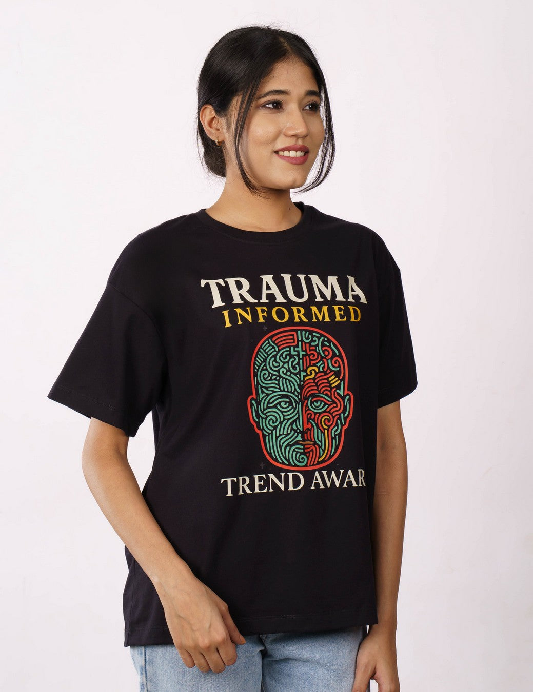 Printed T-shirt for Women oversized fit black tee with colorful abstract face graphic and text design
