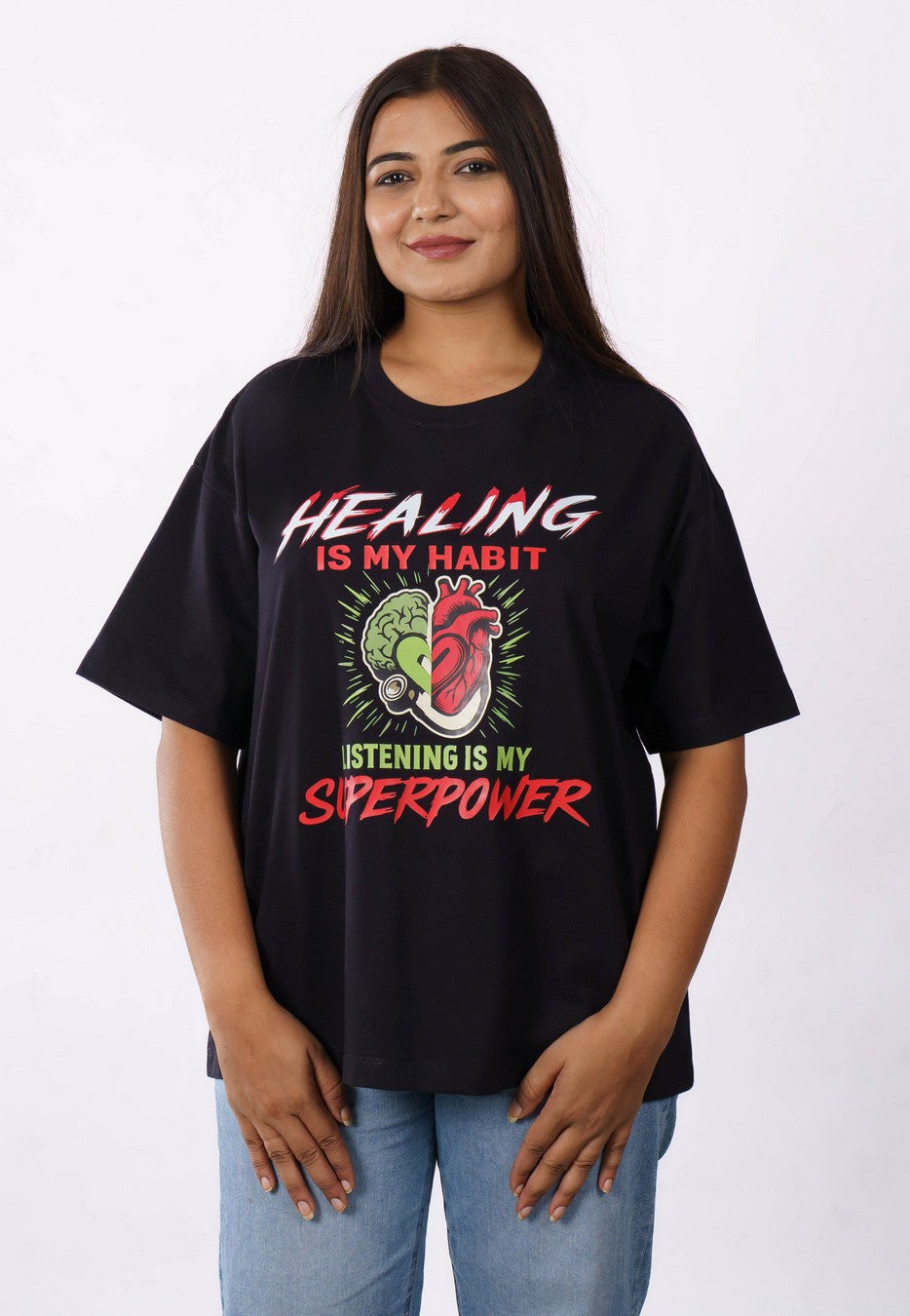 Bandar Baant Collections oversized fit Printed Tshirt For Women with healing and superpower graphic design 3