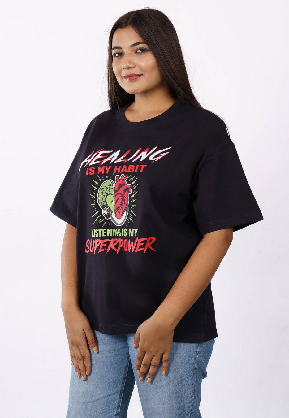 Bandar Baant Collections oversized fit Printed Tshirt For Women with healing and superpower graphic design 4